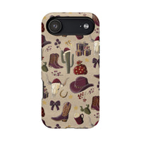 Cowboy Christmas design phone case for iPhone 17 in glossy finish by Printify, featuring festive colors and patterns.