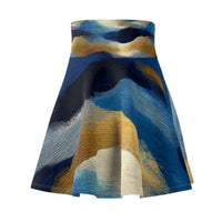 Blue gold abstract wave patterned high-rise skater skirt with flowing brushstroke design