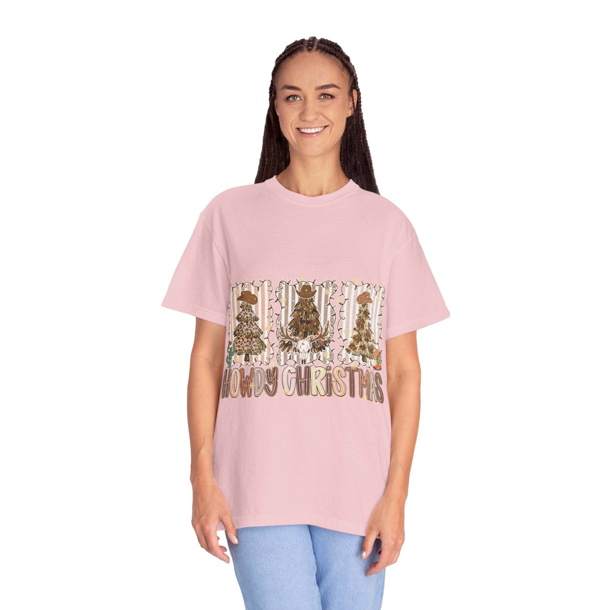 Cowboy Howdy Christmas t-shirt with festive cowboy tree design in pink on woman model