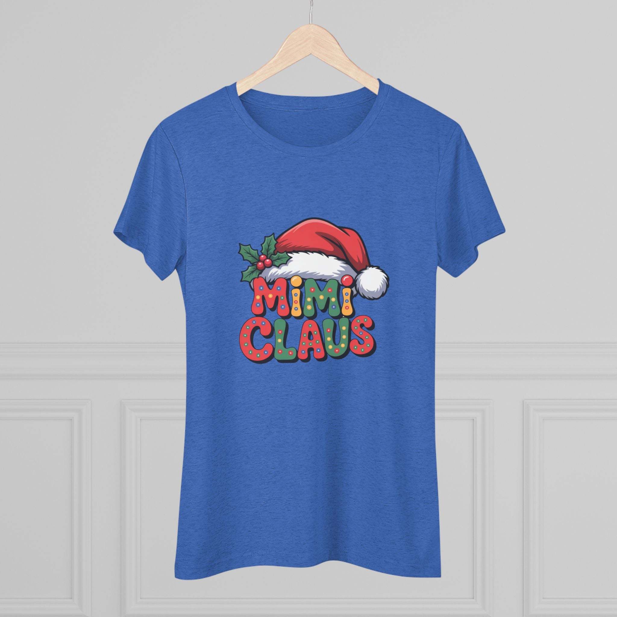 Women T-shirt with festive Mimi Claus design and Santa hat in soft triblend fabric for Christmas holiday