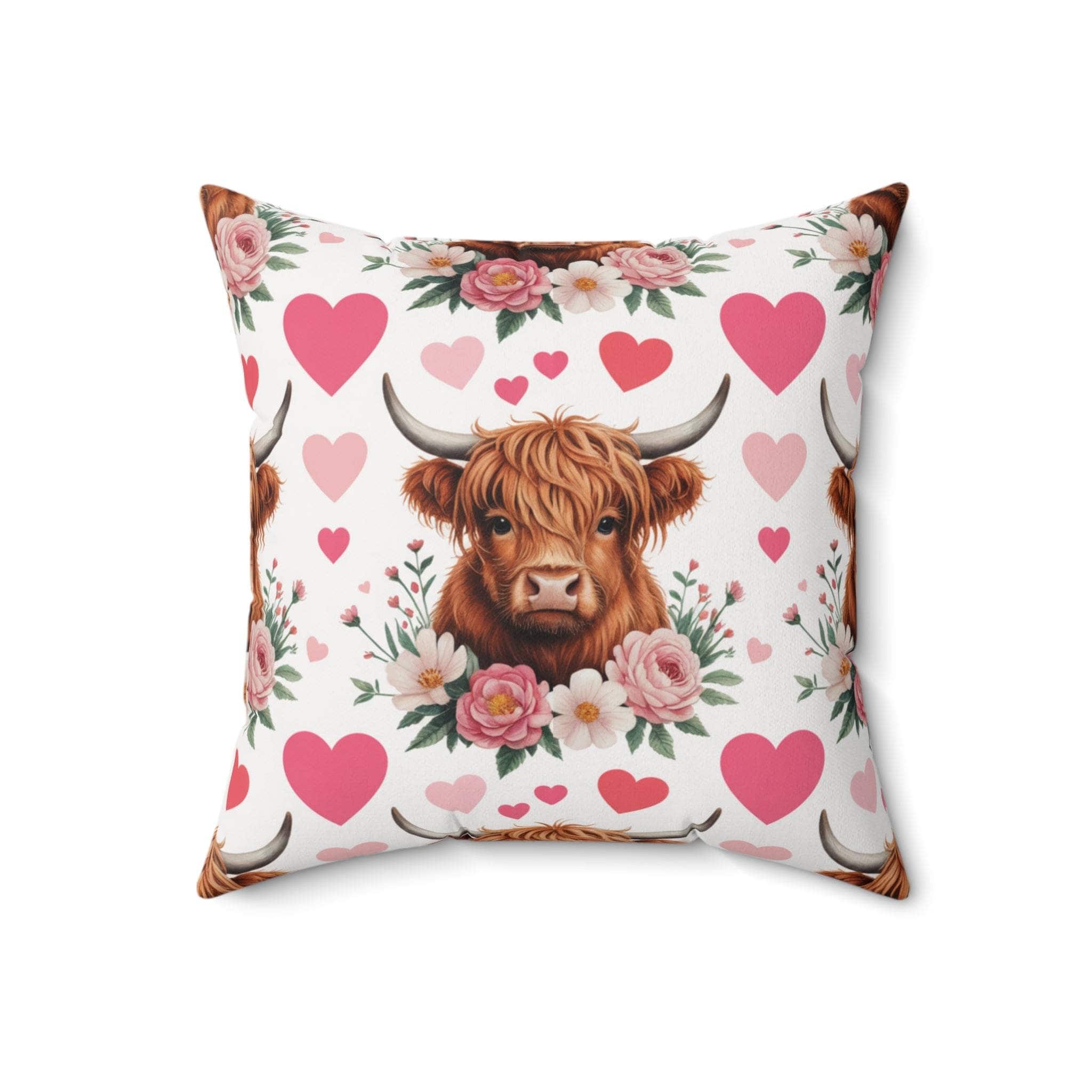 Floral Valentine Highland cow pillow with muted beige tones and delicate blossoms for rustic decor