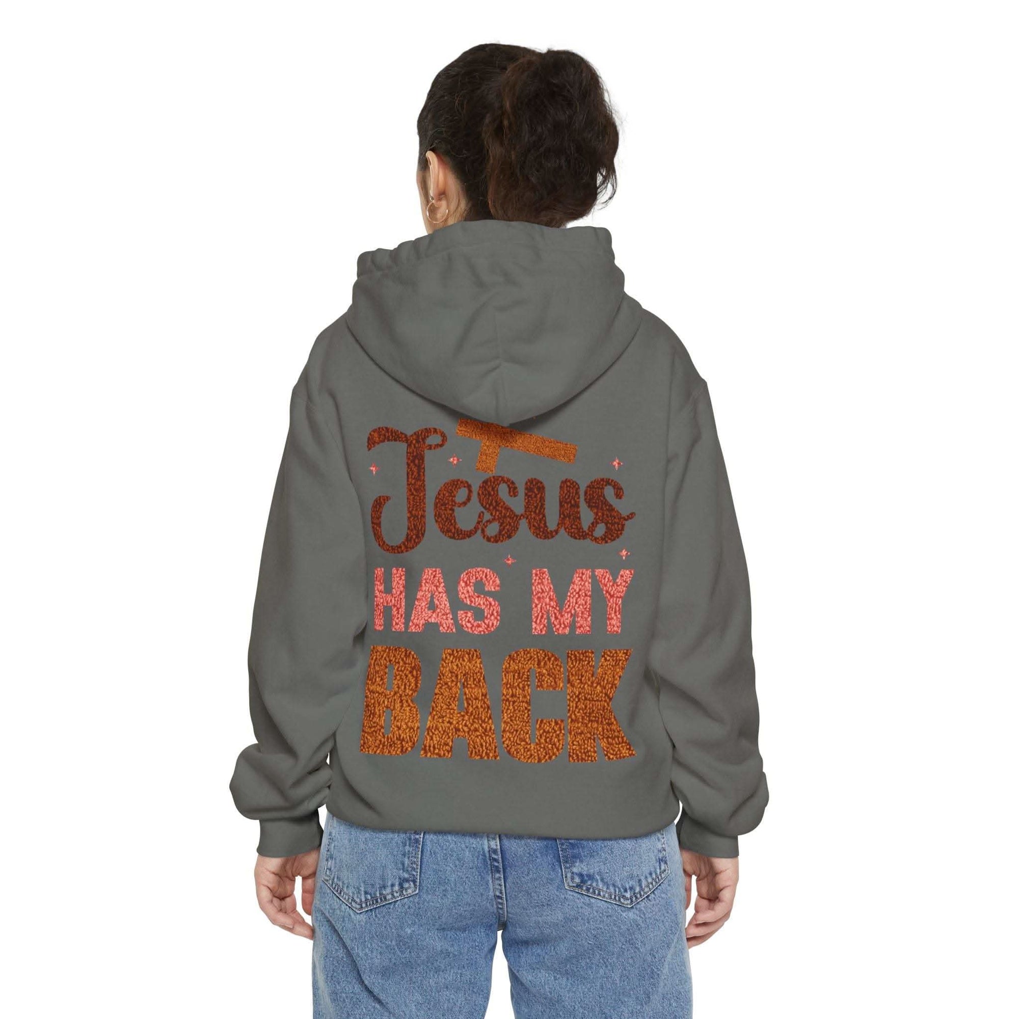 Jesus Has My Back Hoodie faith-based pullover with uplifting shoulder design and comfortable fit