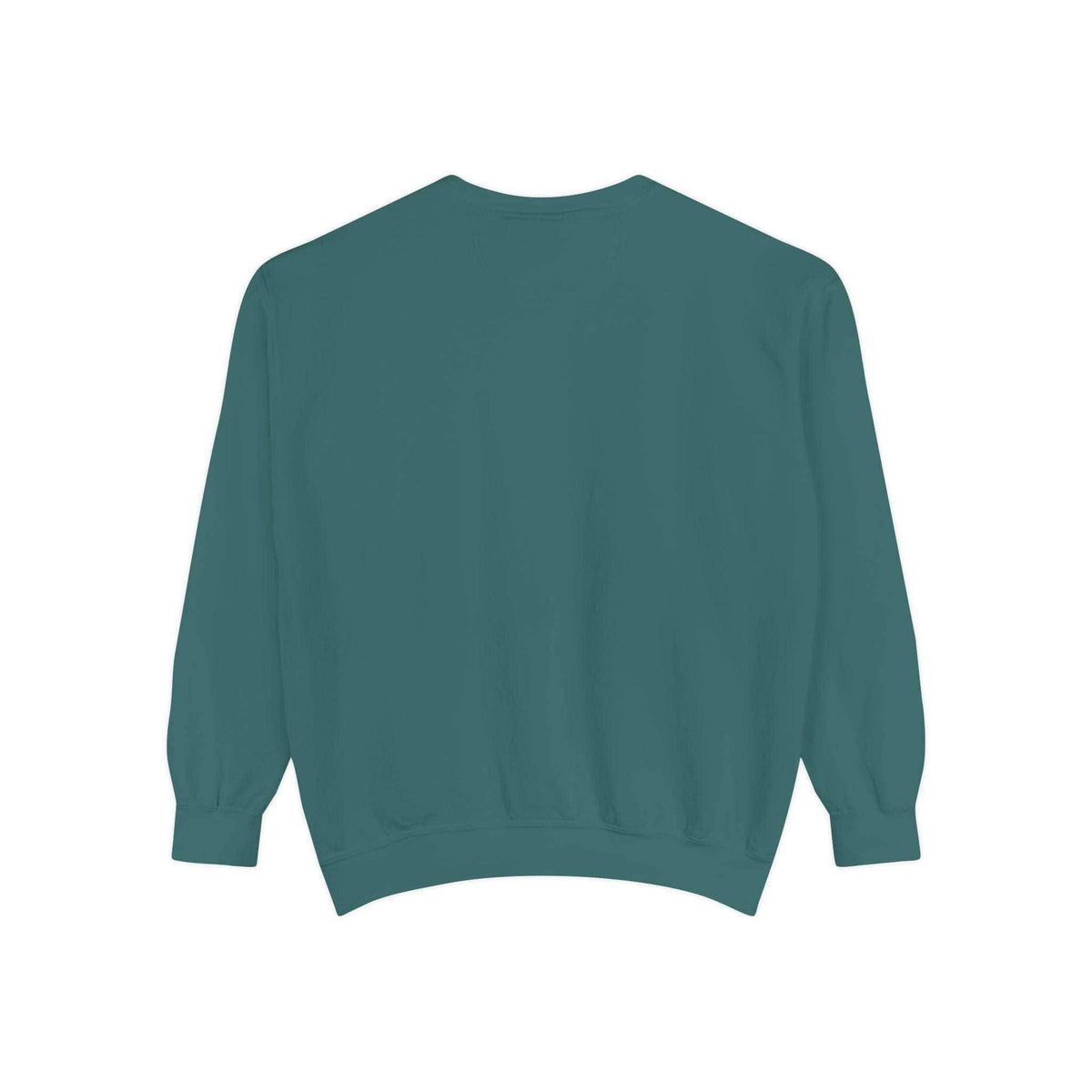 Back view of teal garment-dyed sweatshirt with relaxed fit and ribbed cuffs and waistband