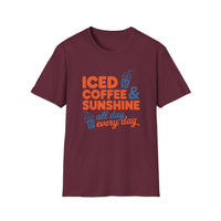 Bright Iced Coffee & Sunshine summer t-shirt with playful iced coffee cup graphics for casual outdoor wear
