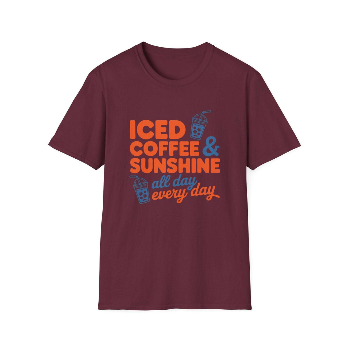 Bright Iced Coffee & Sunshine summer t-shirt with playful iced coffee cup graphics for casual outdoor wear