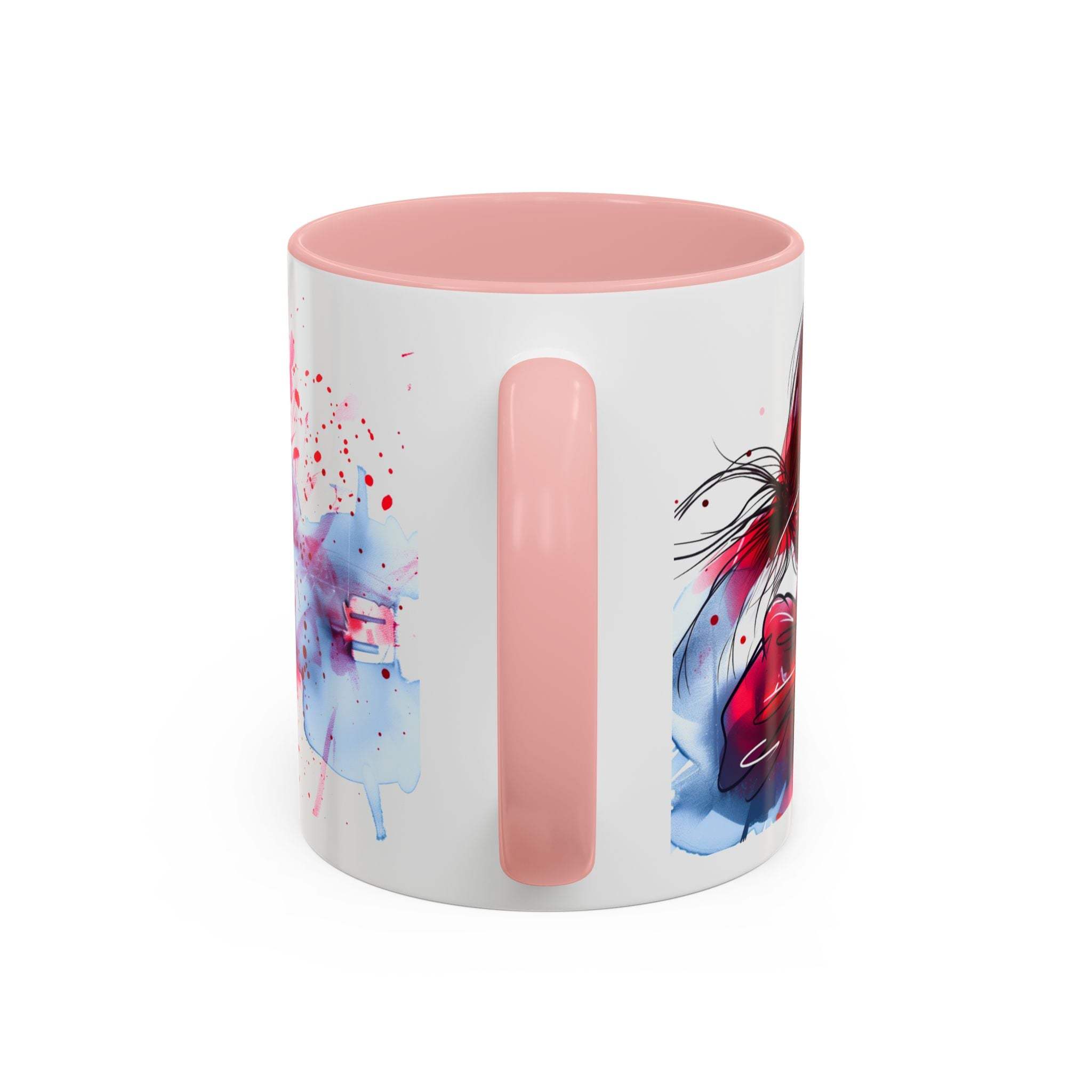 Mug with pink interior and handle, featuring artistic designs on a white background