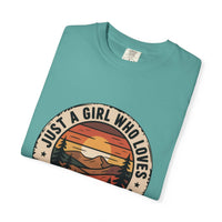 Just a Girl Who Loves National Parks T-Shirt featuring garment-dyed cotton with a relaxed fit for outdoor adventure
