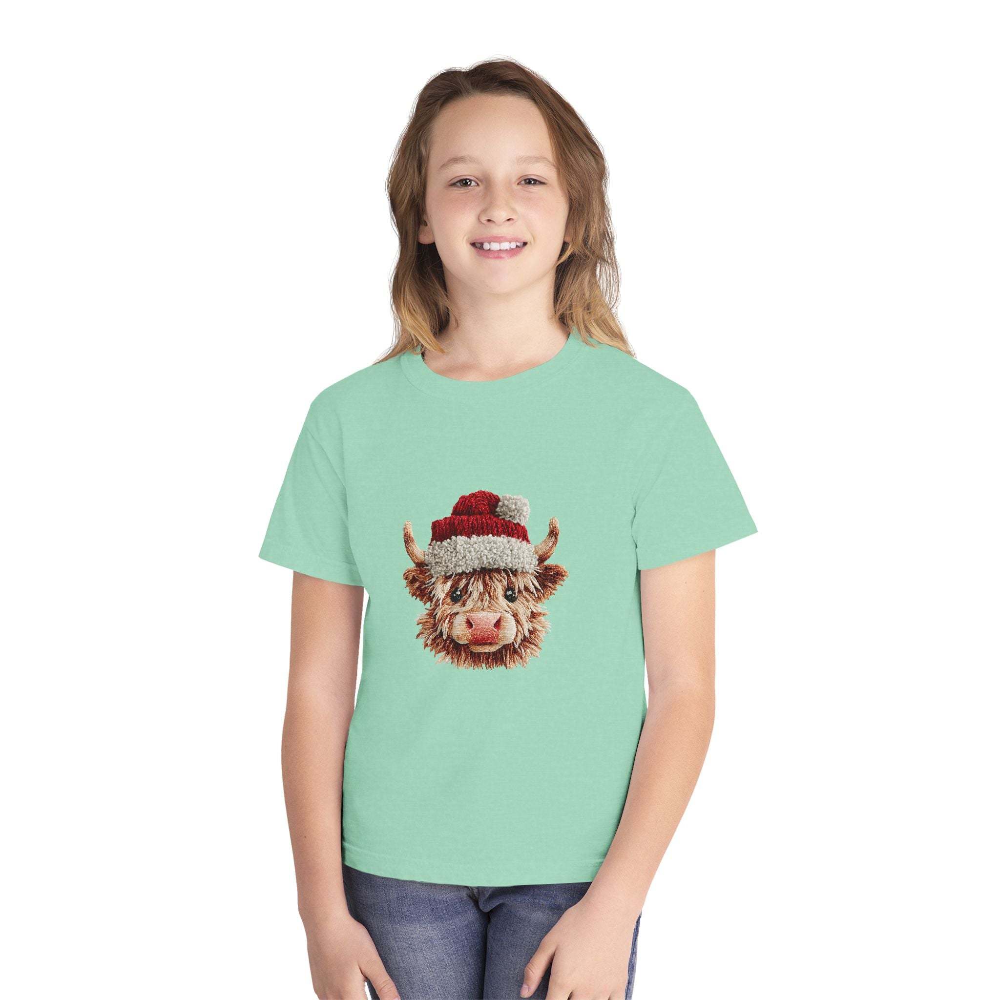 Youth tee featuring Santa Highland cow in faux crochet yarn style for Christmas
