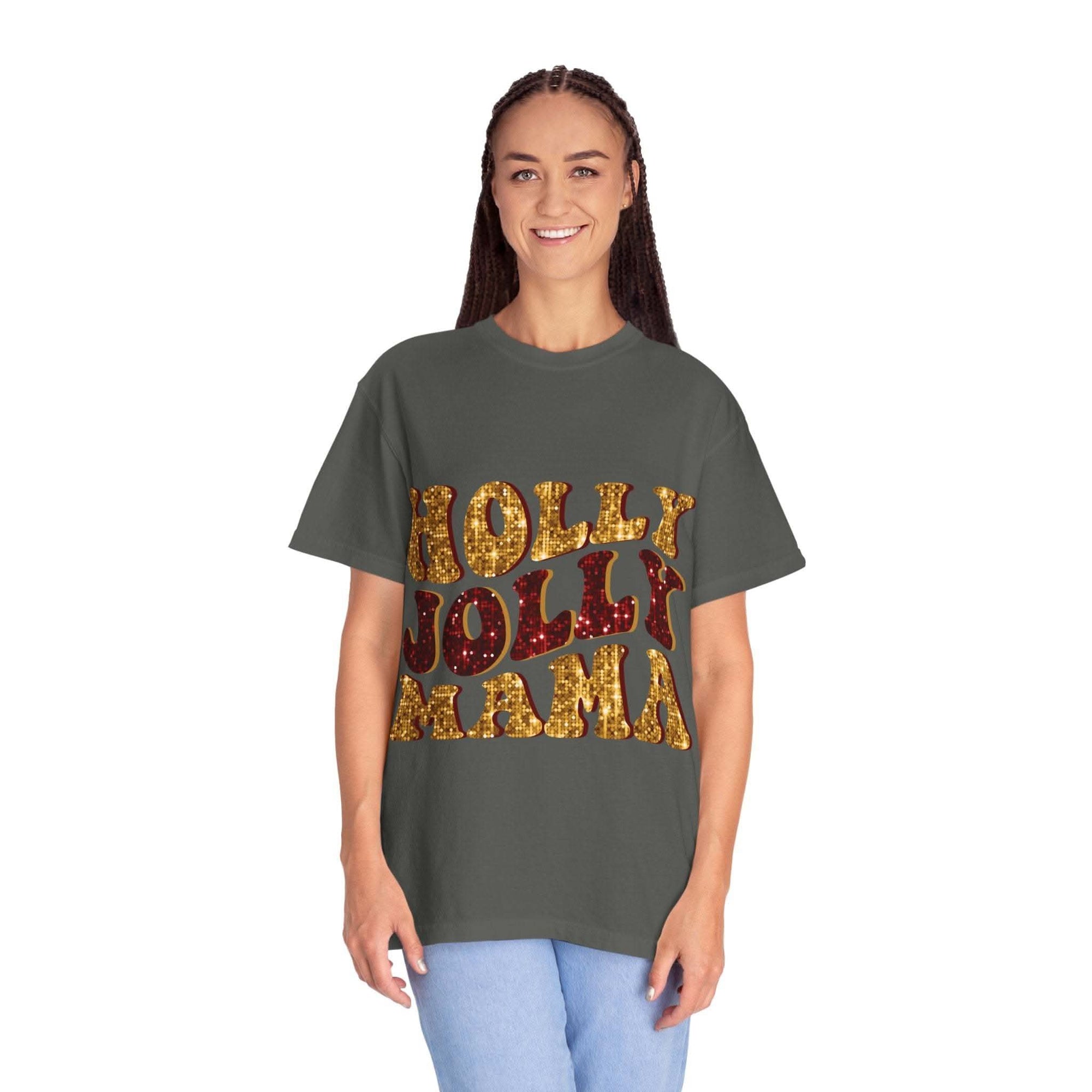 Faux Glitter Holly Jolly Mama brown t-shirt with festive glitter text for moms
