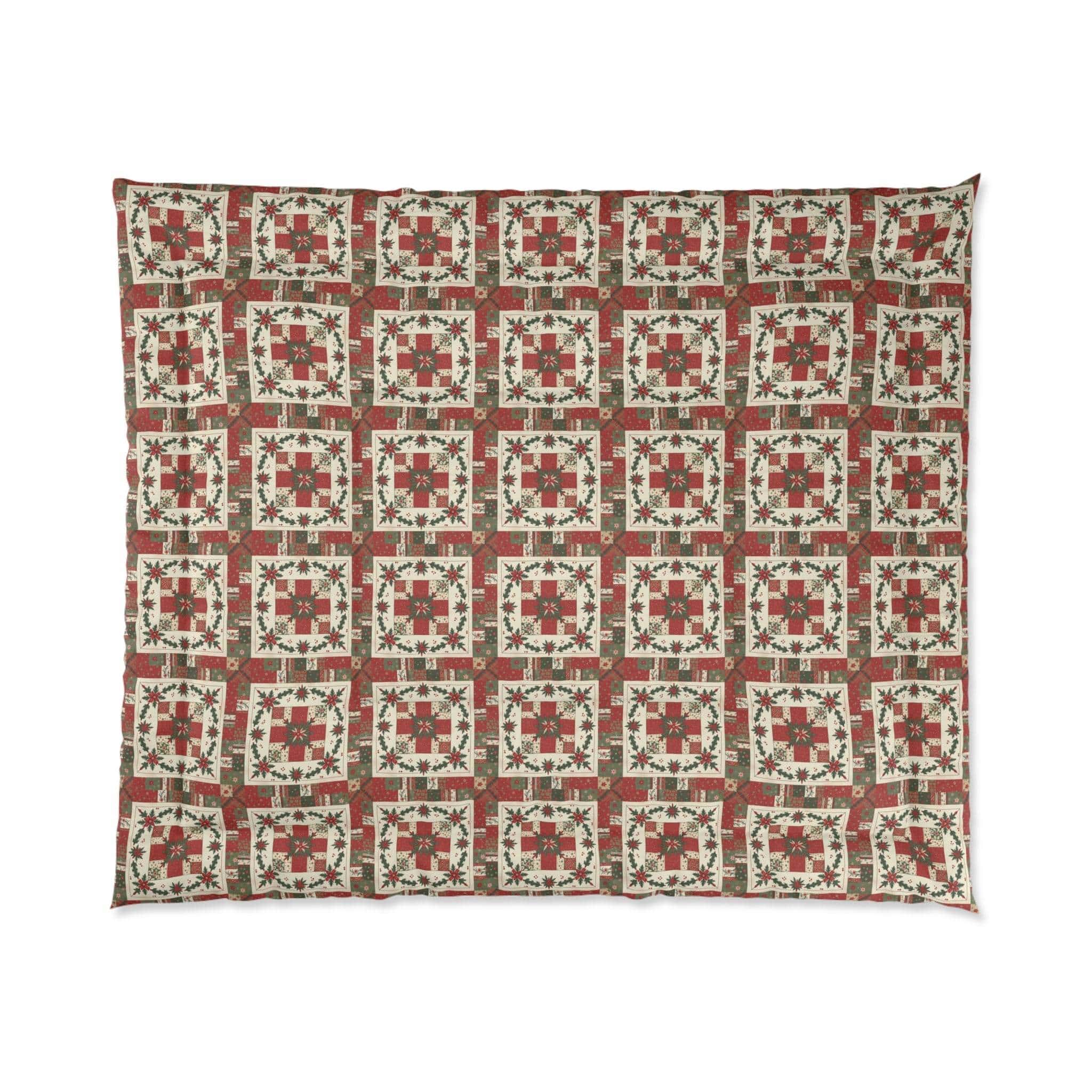 Rustic Patchwork Christmas Comforter with worn plaids and faded reds for cozy holiday bedding