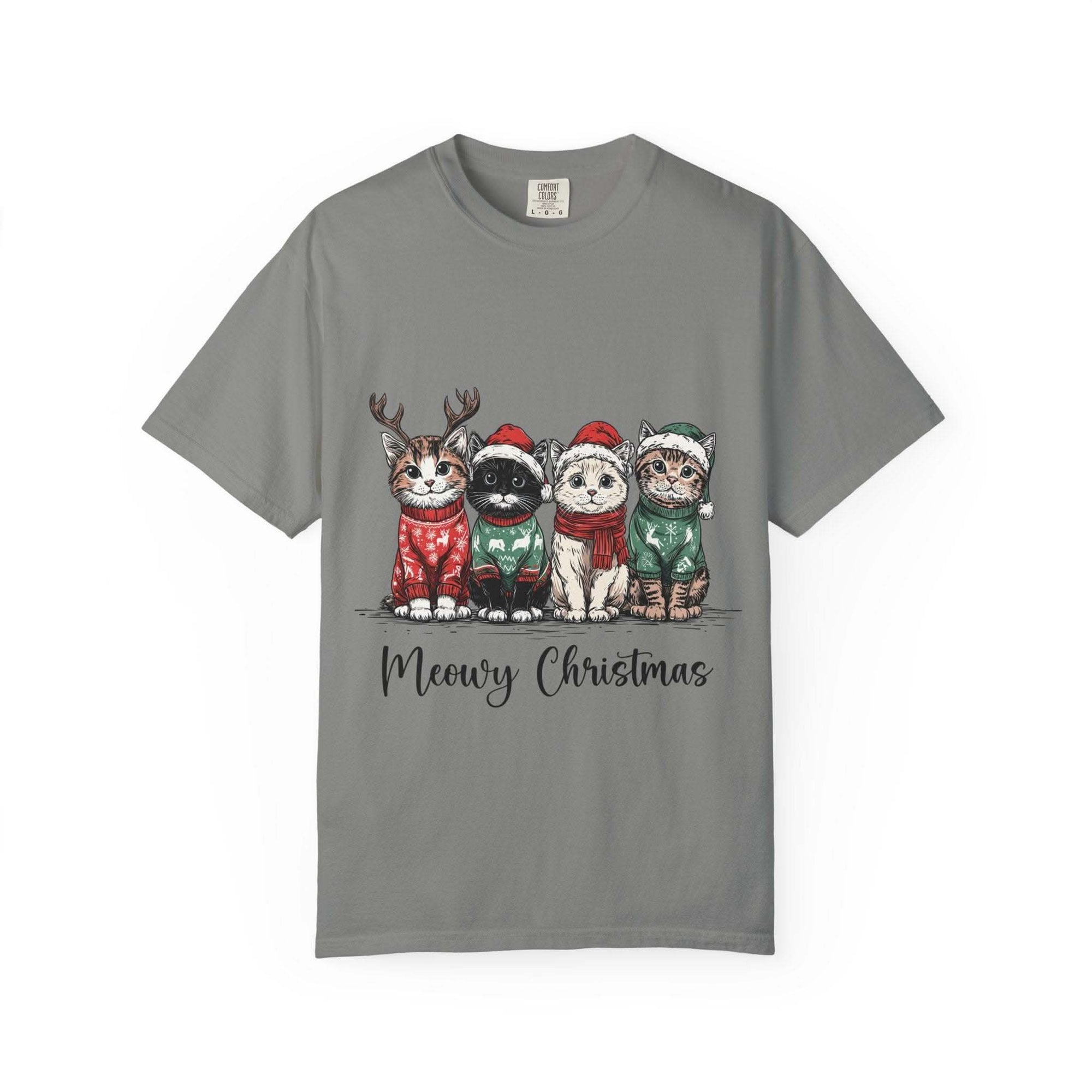 Bay Cat Lover T-shirt with Meowy Christmas design from Printify, perfect festive gift for cat enthusiasts.
