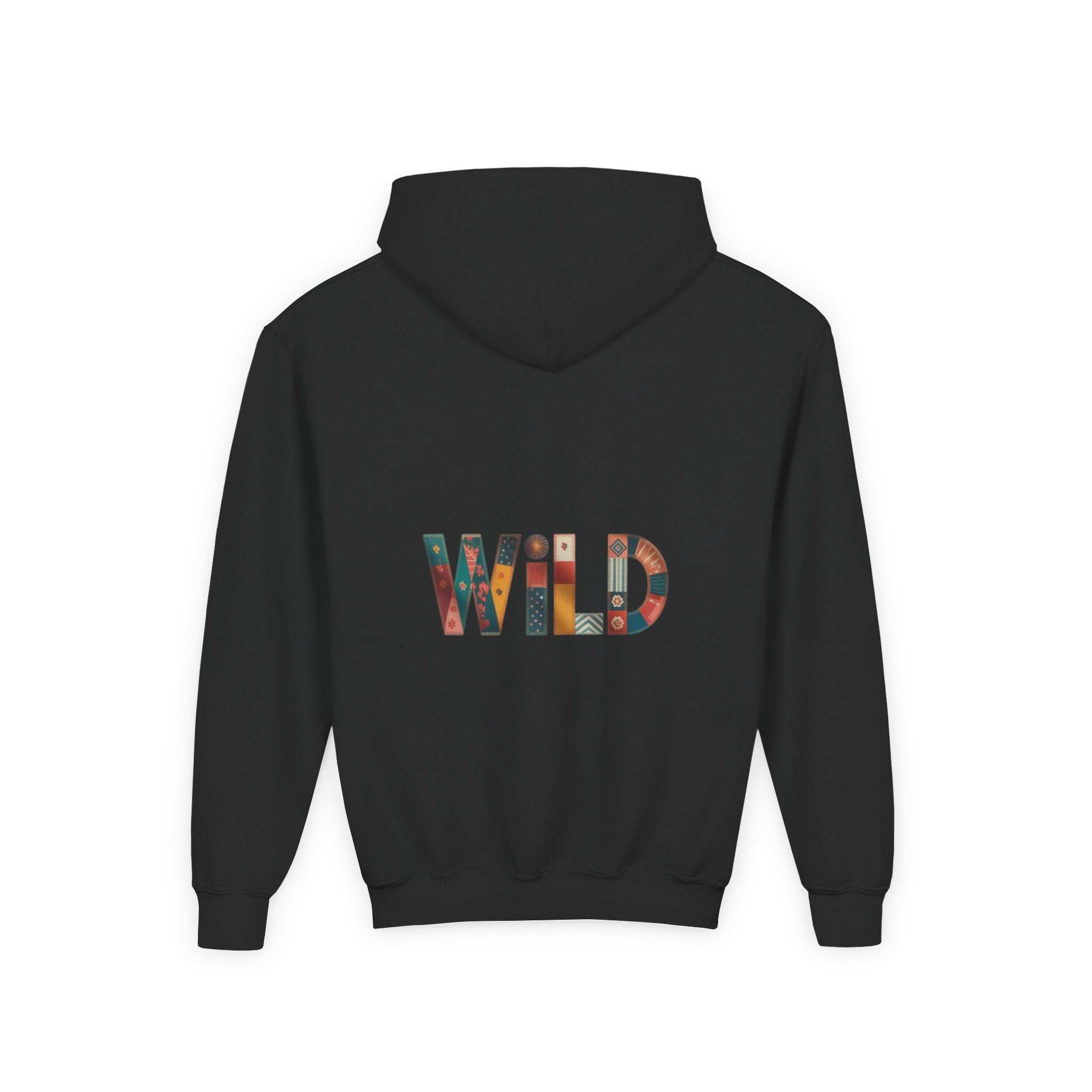 Black Patchwork Wild Word Hoodie for children with colorful patterned letters and kangaroo pocket