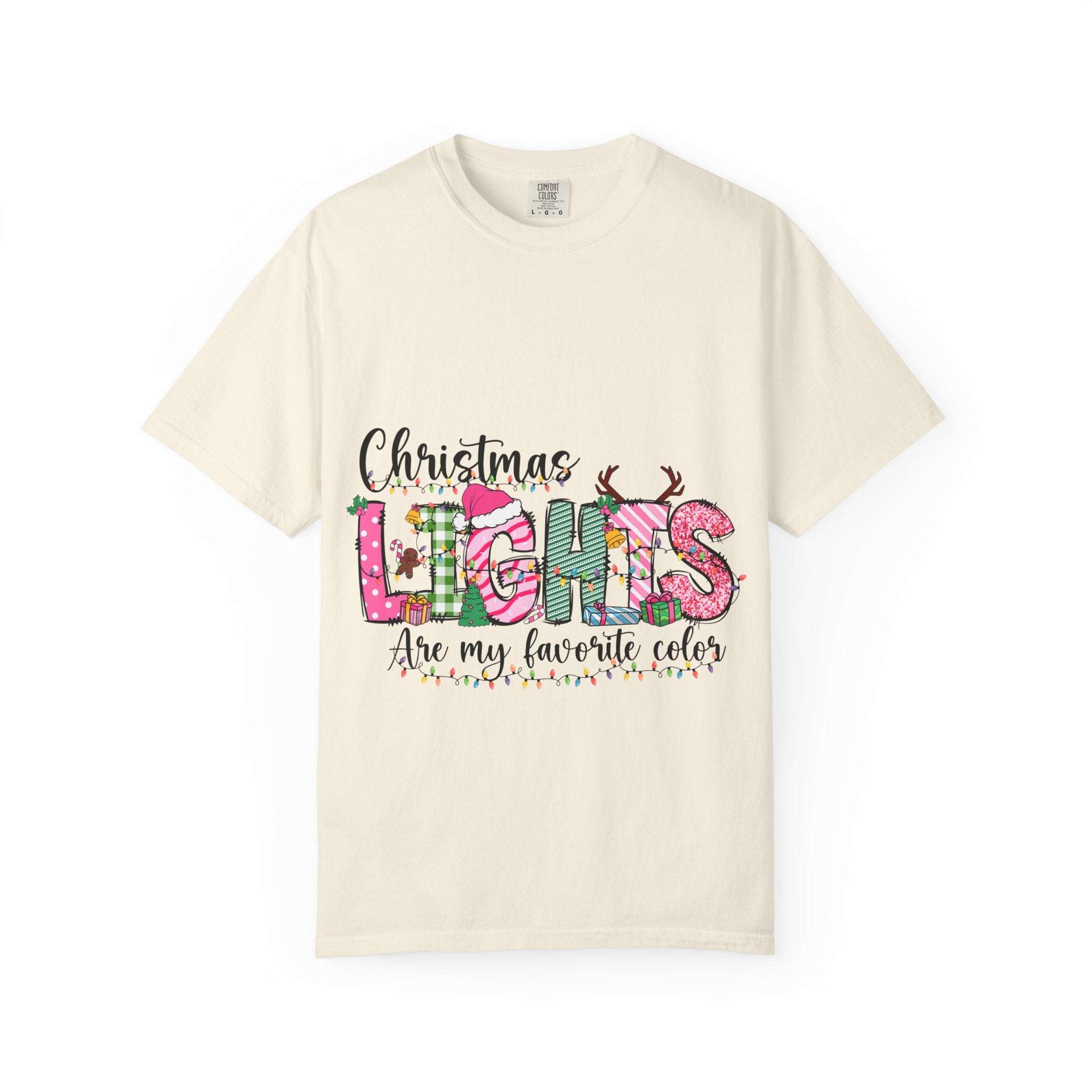 White Christmas t-shirt featuring 'Christmas Lights Are My Favorite Color' text, by Printify, perfect for festive wear