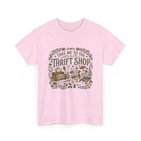 Vintage thrift shop t-shirt with botanicals, mushrooms, and flea market treasures illustration
