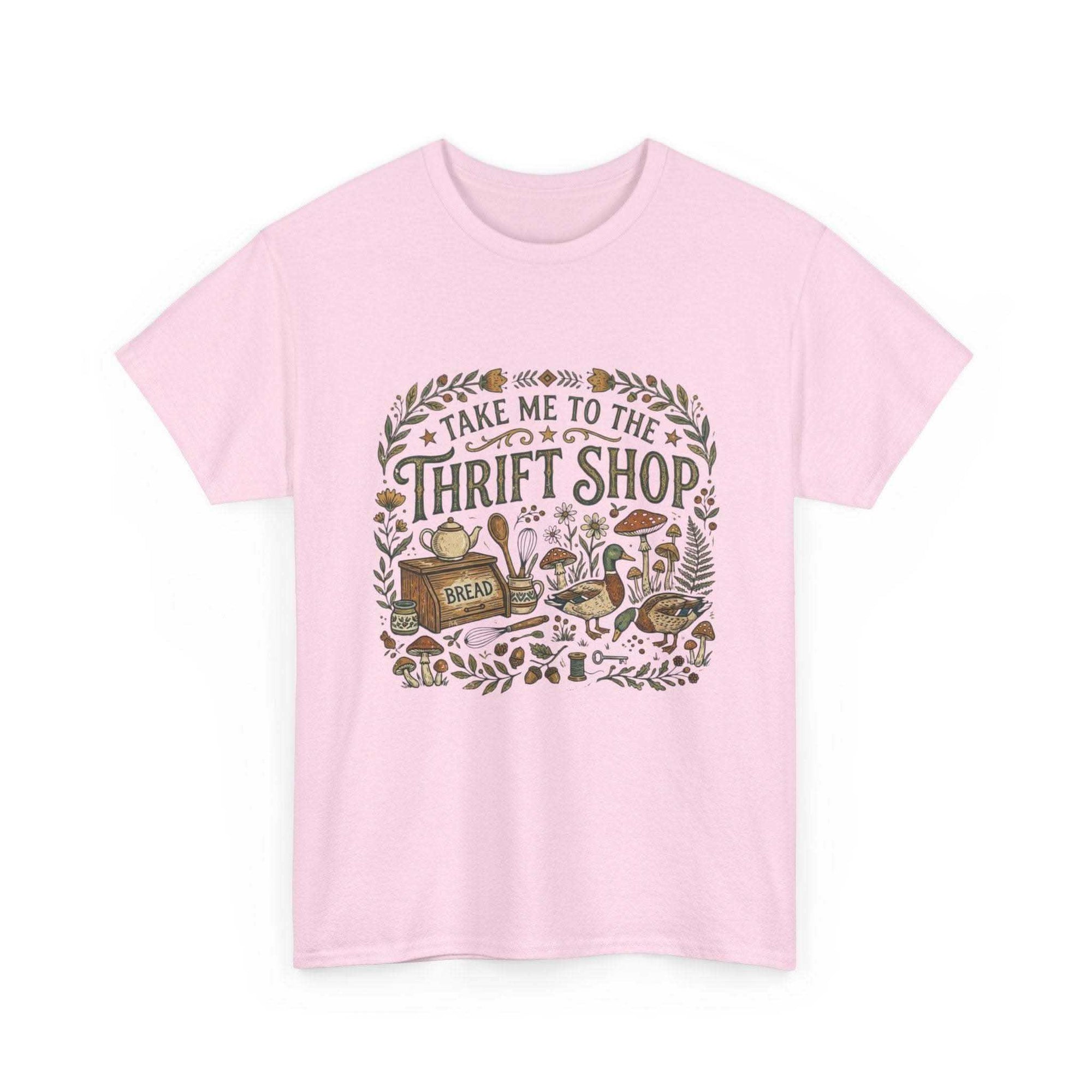Vintage thrift shop t-shirt with botanicals, mushrooms, and flea market treasures illustration
