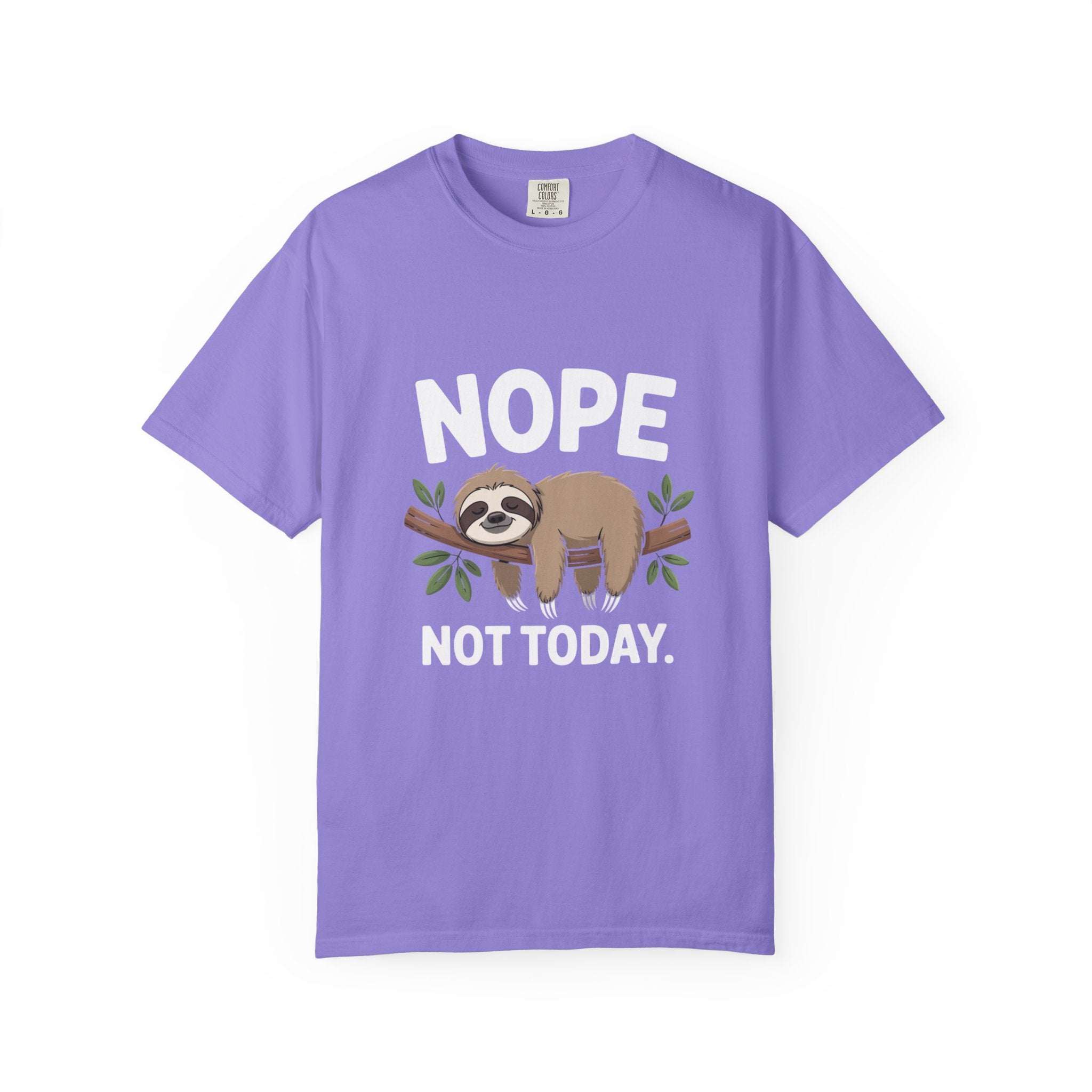 Nope Not Today Sloth graphic on cozy, relaxed cotton t-shirt for slow mornings and naps