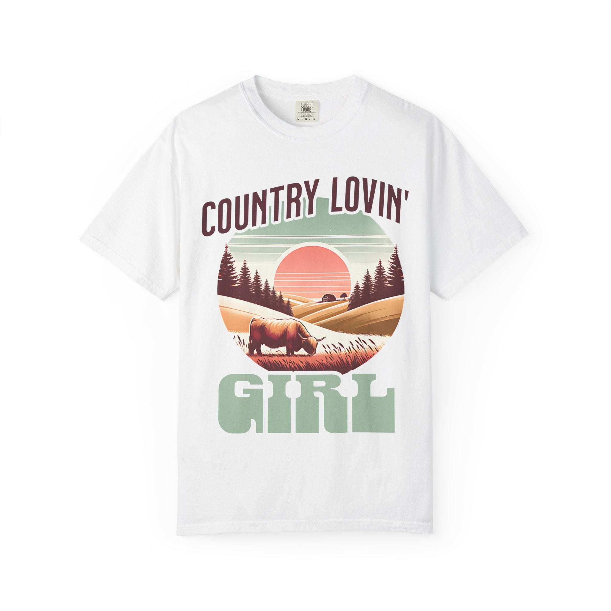 White Country Lovin Girl T-shirt with vintage sunset and cow graphic for country music fans