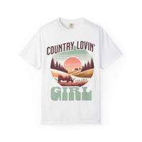 White Country Lovin Girl T-shirt with vintage sunset and cow graphic for country music fans