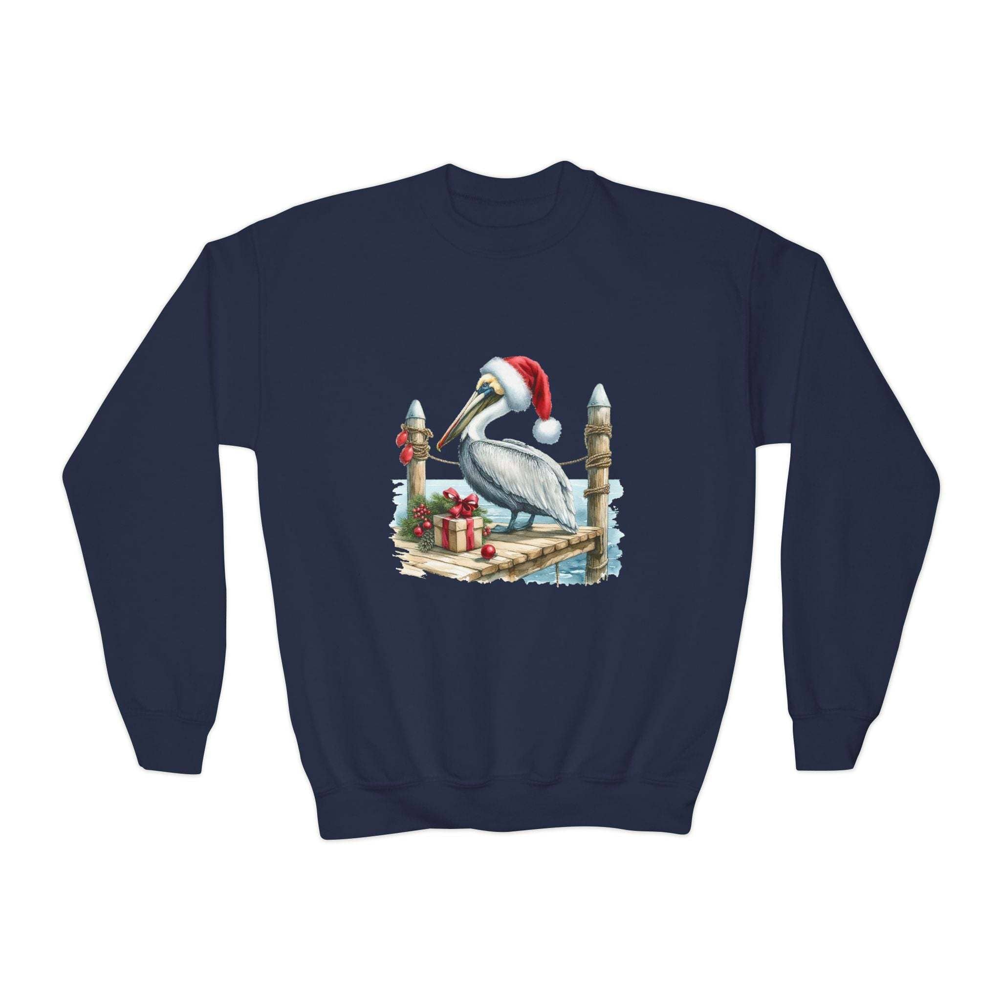 Youth navy crewneck sweatshirt with embroidered pelican wearing a Santa hat and holiday decorations design