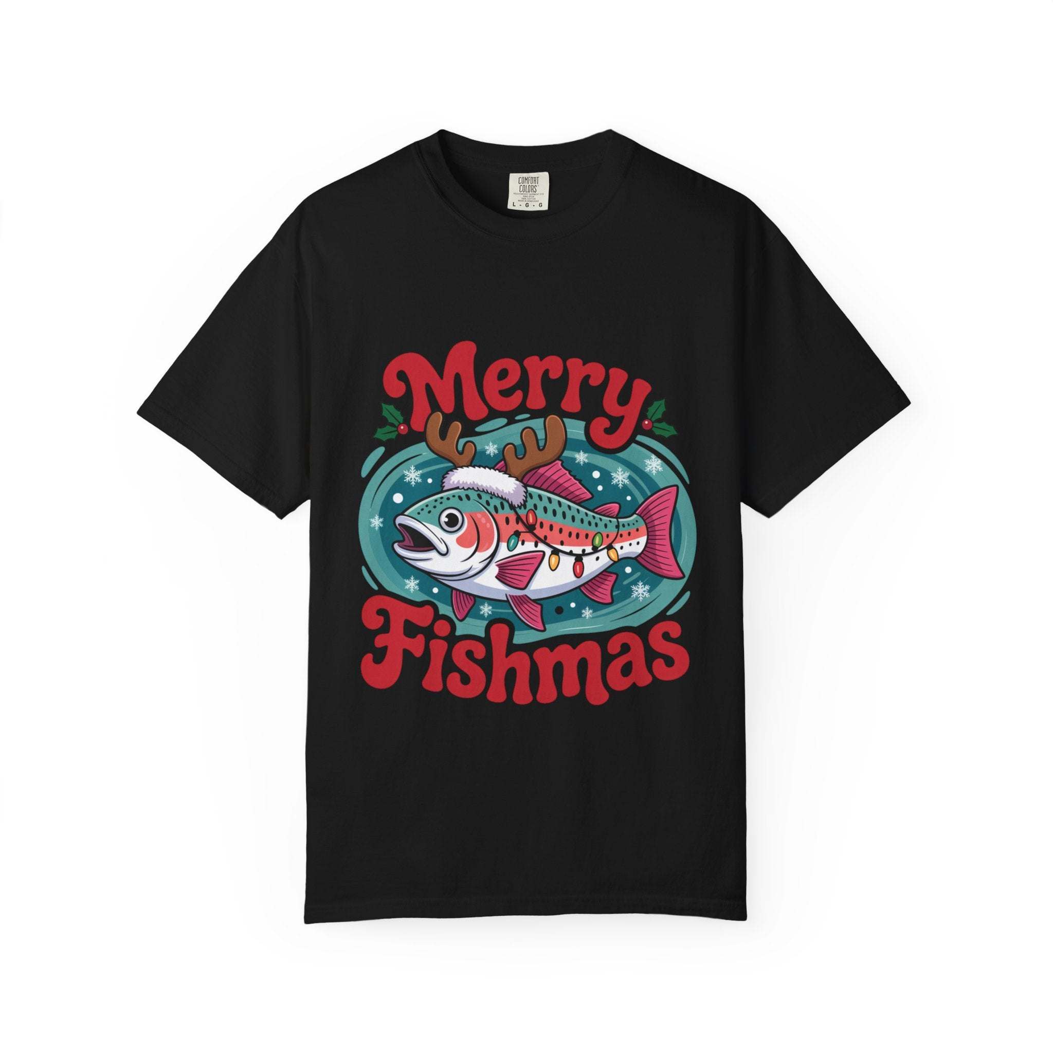 True Navy garment-dyed t-shirt featuring Merry Fishmas design for fishermen, by Printify