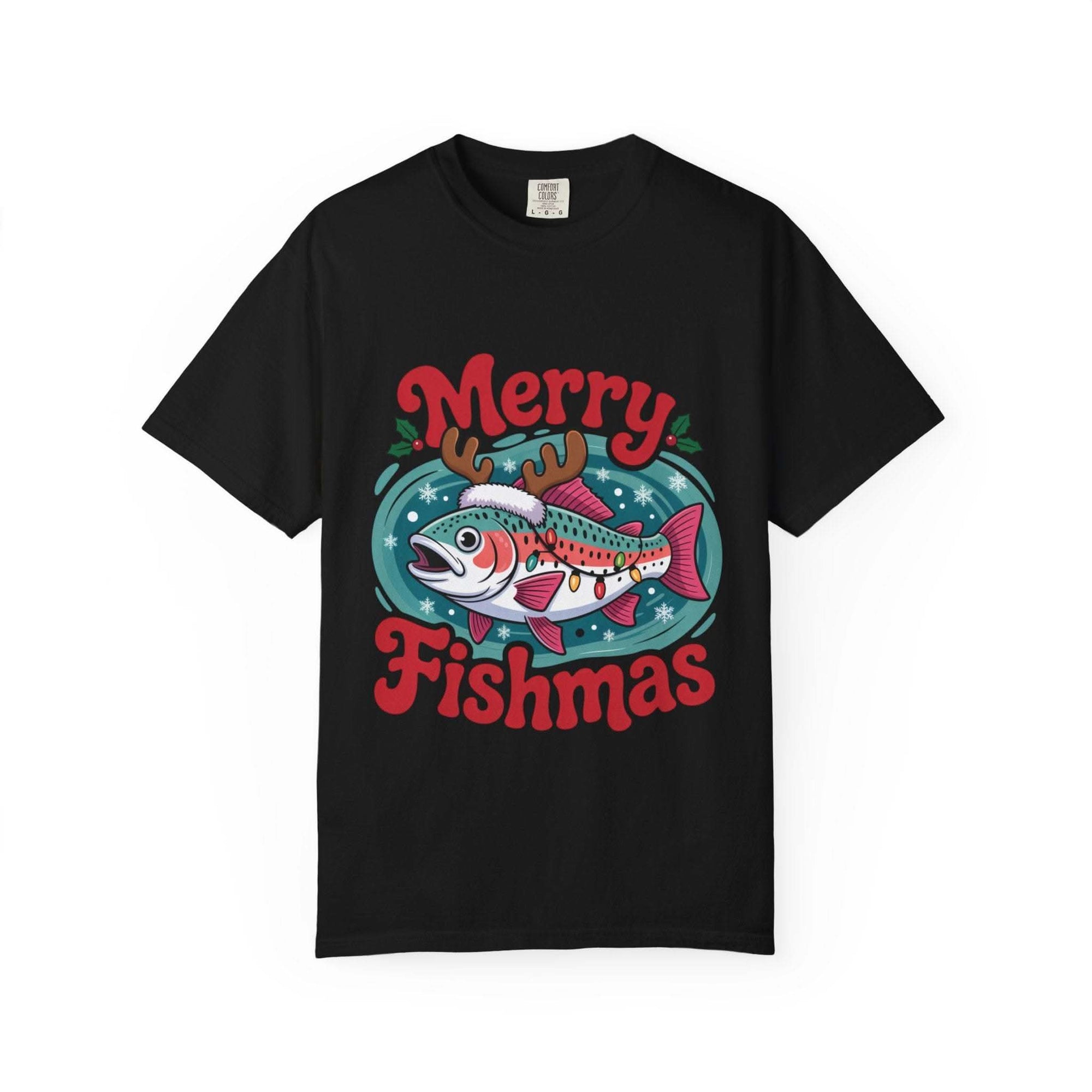 True Navy garment-dyed t-shirt featuring Merry Fishmas design for fishermen, by Printify