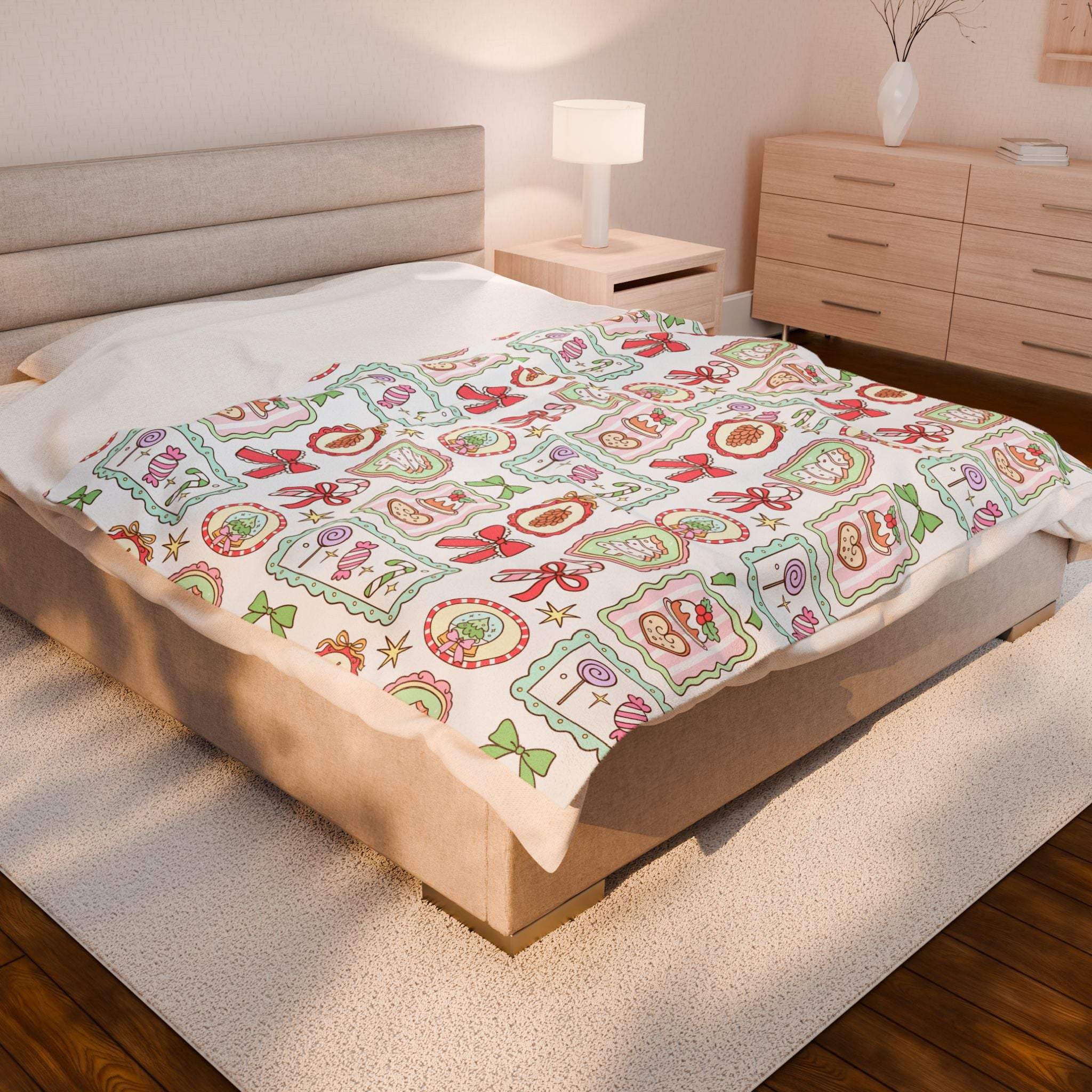Velveteen plush blanket with retro Christmas frames design on bed in cozy bedroom setting