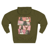Olive green fleece hoodie with festive Christmas watercolor swatches and preppy holiday design on the back