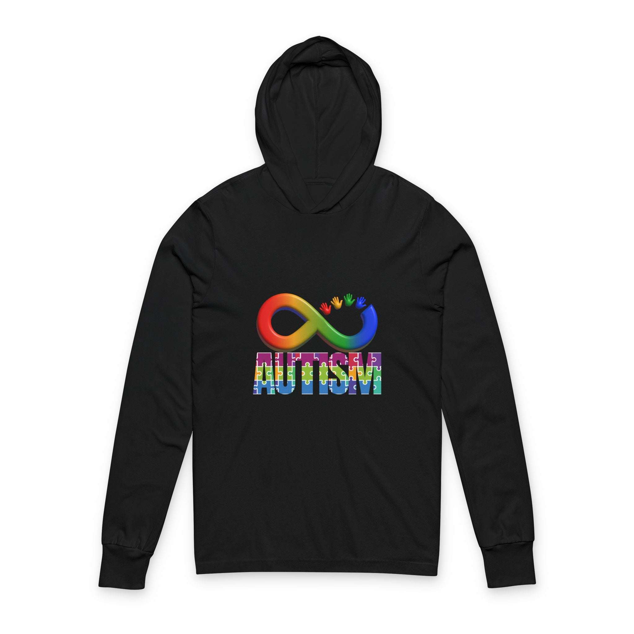 Black Autism Awareness Hoodie long sleeve tee with colorful infinity symbol and puzzle piece design
