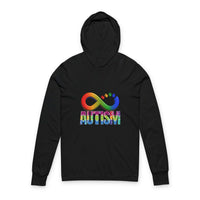 Black Autism Awareness Hoodie long sleeve tee with colorful infinity symbol and puzzle piece design