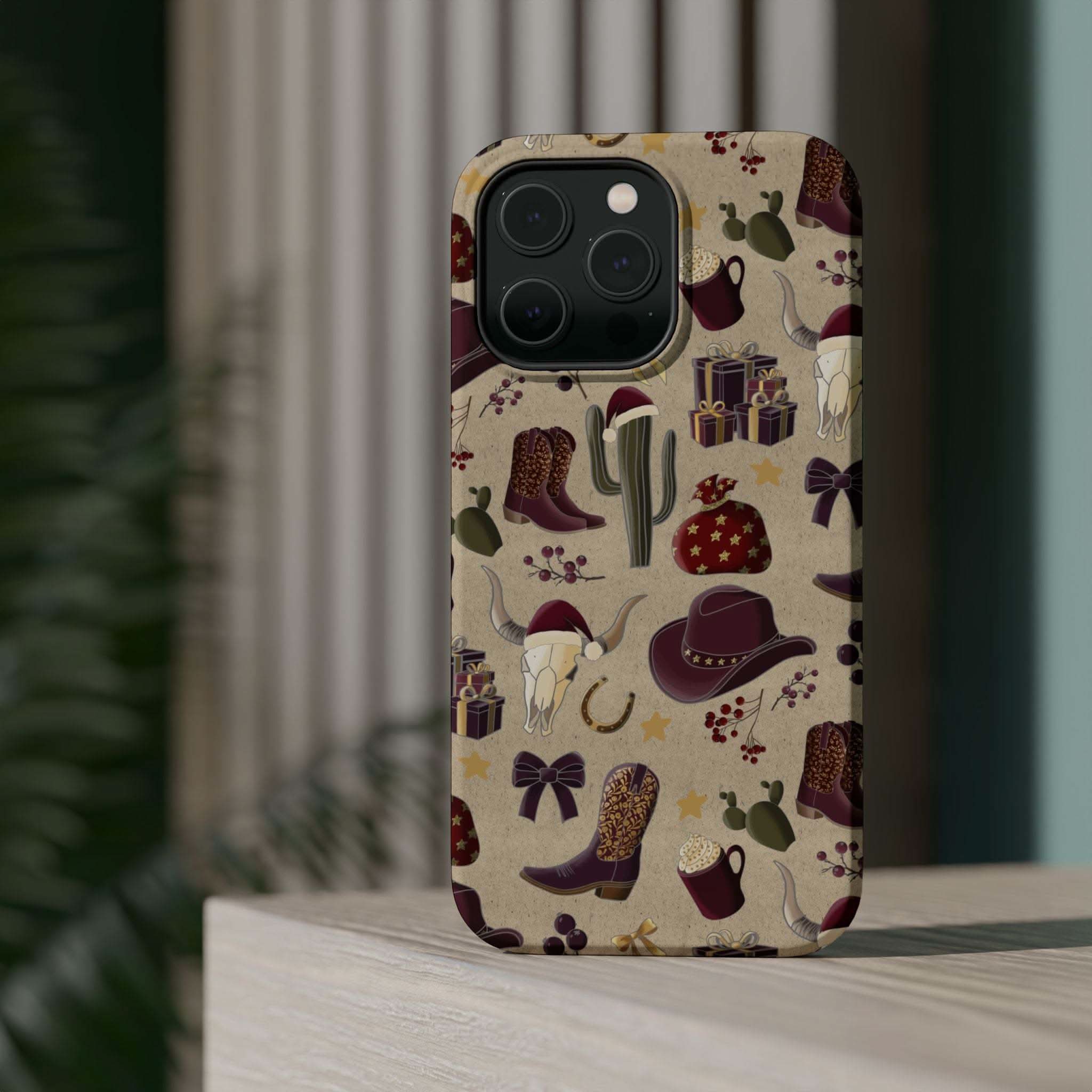 Cowboy Christmas design phone case for iPhone 17 in glossy finish by Printify, featuring festive colors and patterns.