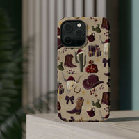 Cowboy Christmas design phone case for iPhone 17 in glossy finish by Printify, featuring festive colors and patterns.