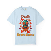 White unisex t-shirt featuring 'Death Blooms Eternal' design, gothic style for Halloween and heavy metal fans, by Printify