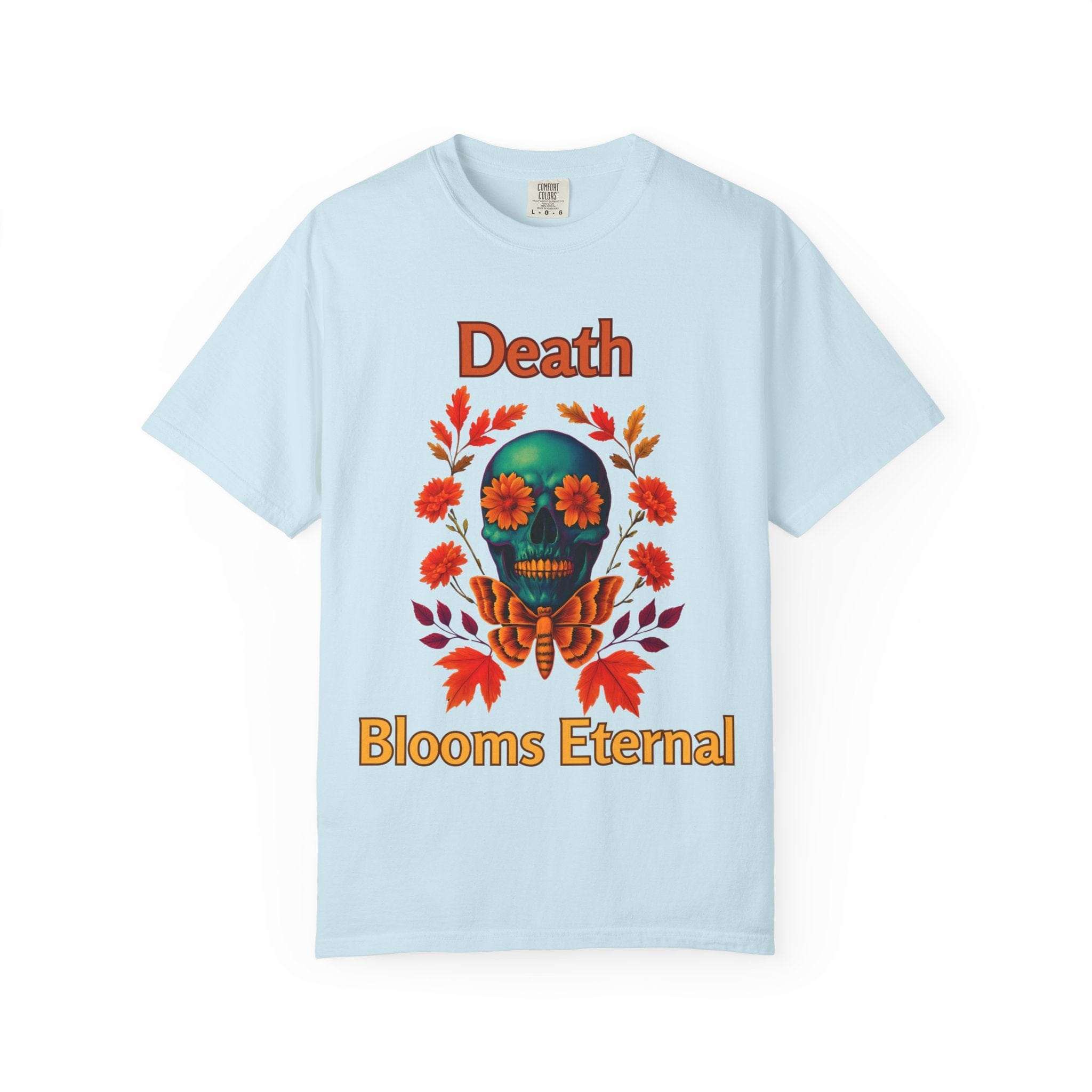White unisex t-shirt featuring 'Death Blooms Eternal' design, gothic style for Halloween and heavy metal fans, by Printify