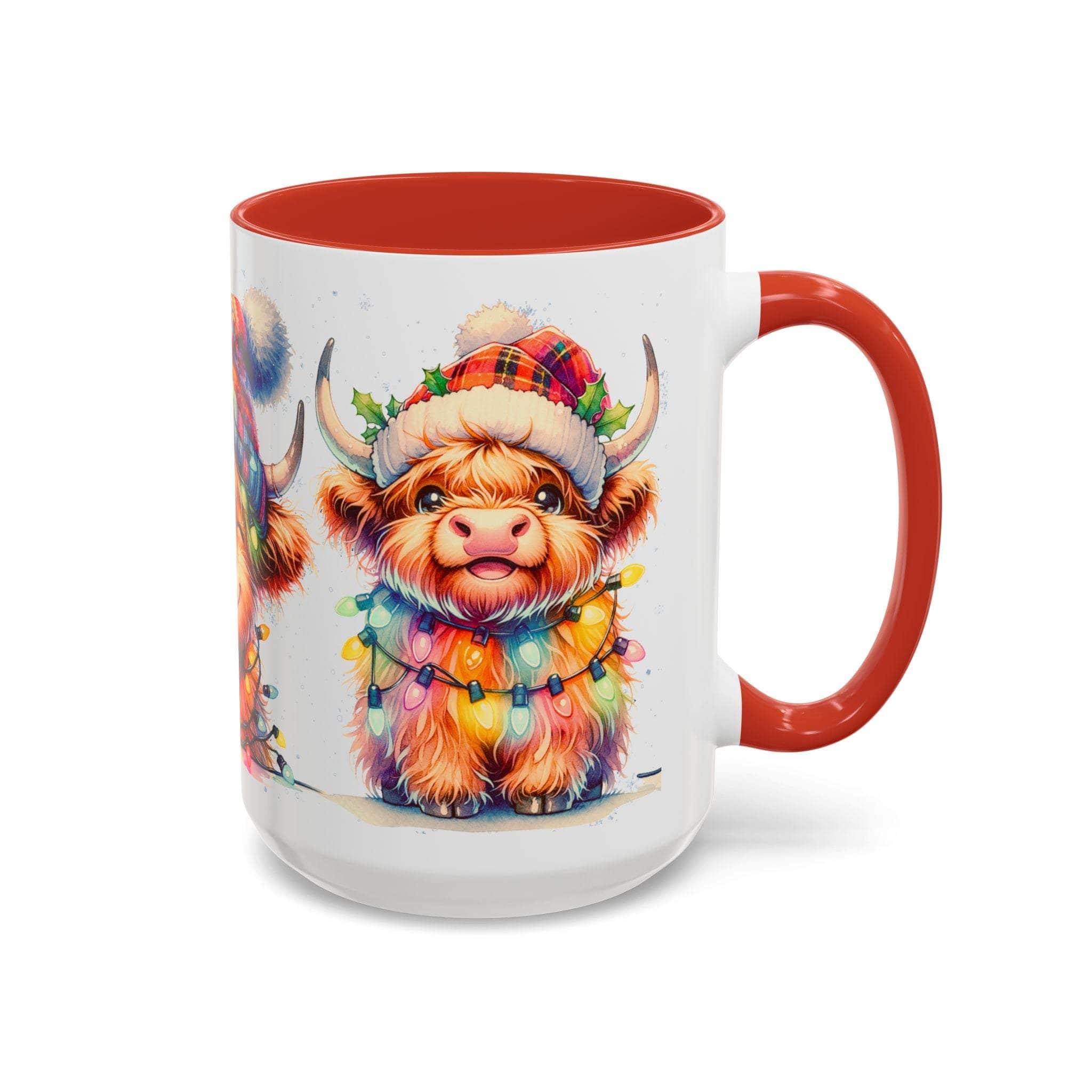 Scottish Highland Cow Christmas mug with festive hat and colorful lights, red handle and interior.