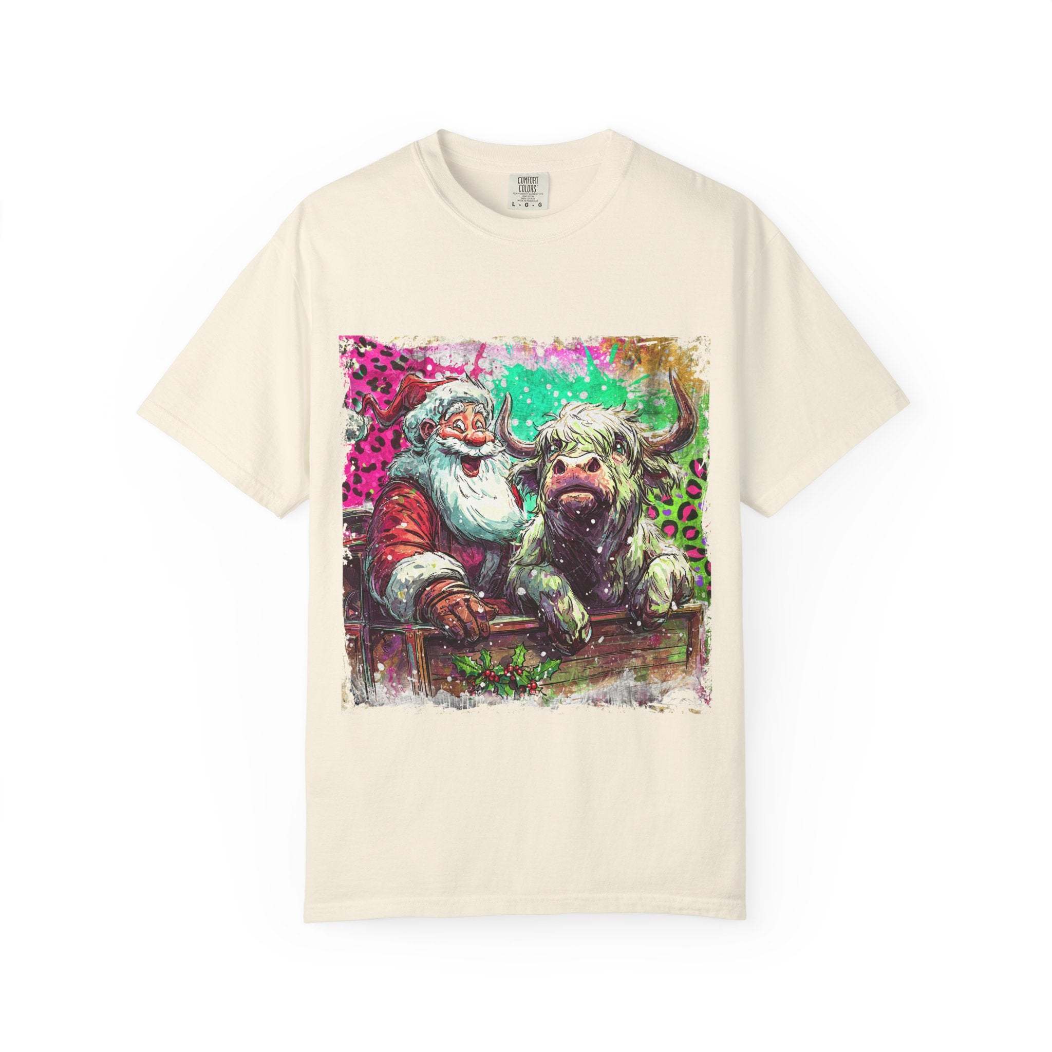 Black retro Christmas T-shirt featuring Santa and Highland cow design by Printify