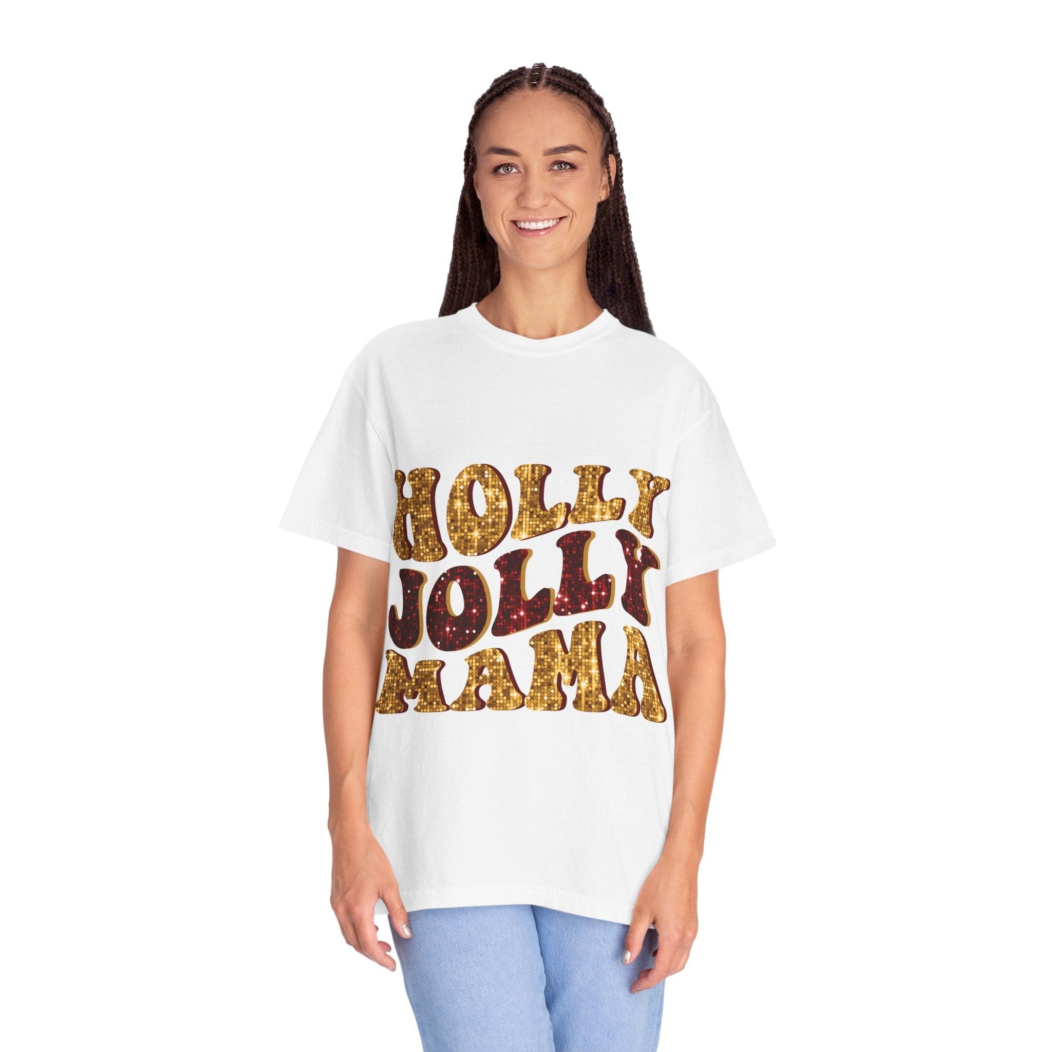 Faux Glitter Holly Jolly Mama white cotton t-shirt with festive gold and red lettering, relaxed fit for women