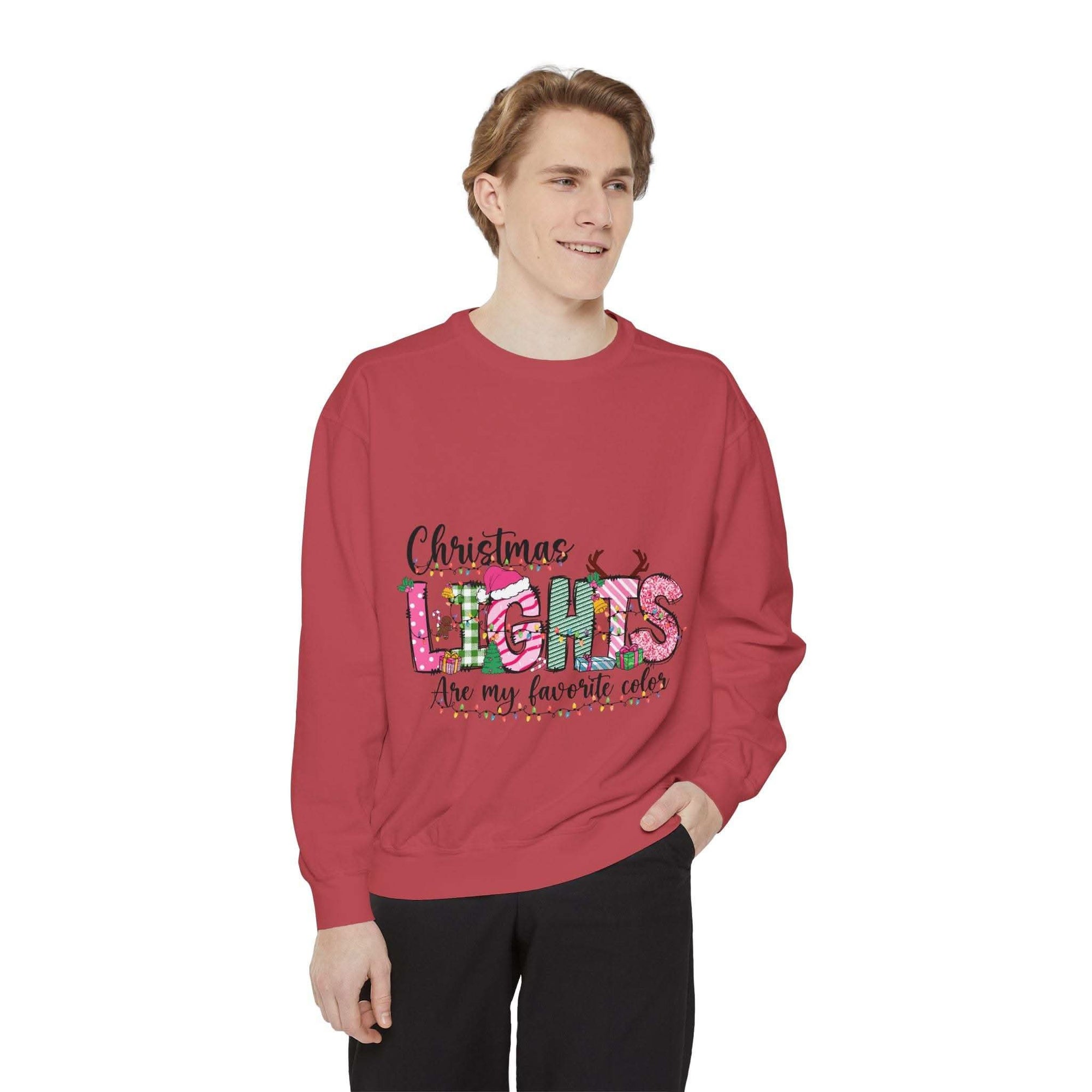 White garment-dyed sweatshirt featuring festive Christmas lights design by PrintifyWhite garment-dyed sweatshirt featuring festive Christmas lights design by Printify