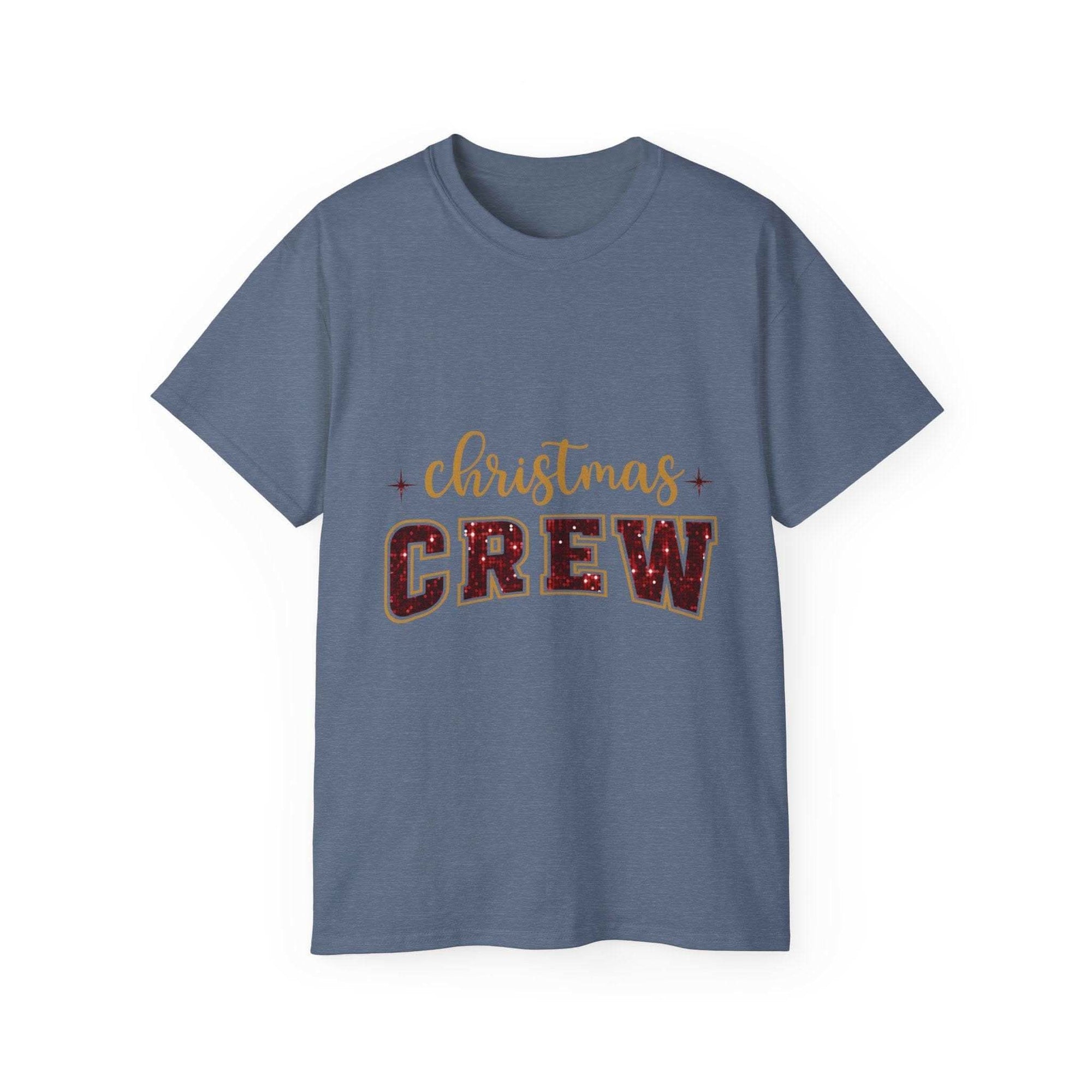 Antique Cherry Red Christmas Crew Faux Glitter Tee by Printify, short-sleeve festive t-shirt for holiday wear.