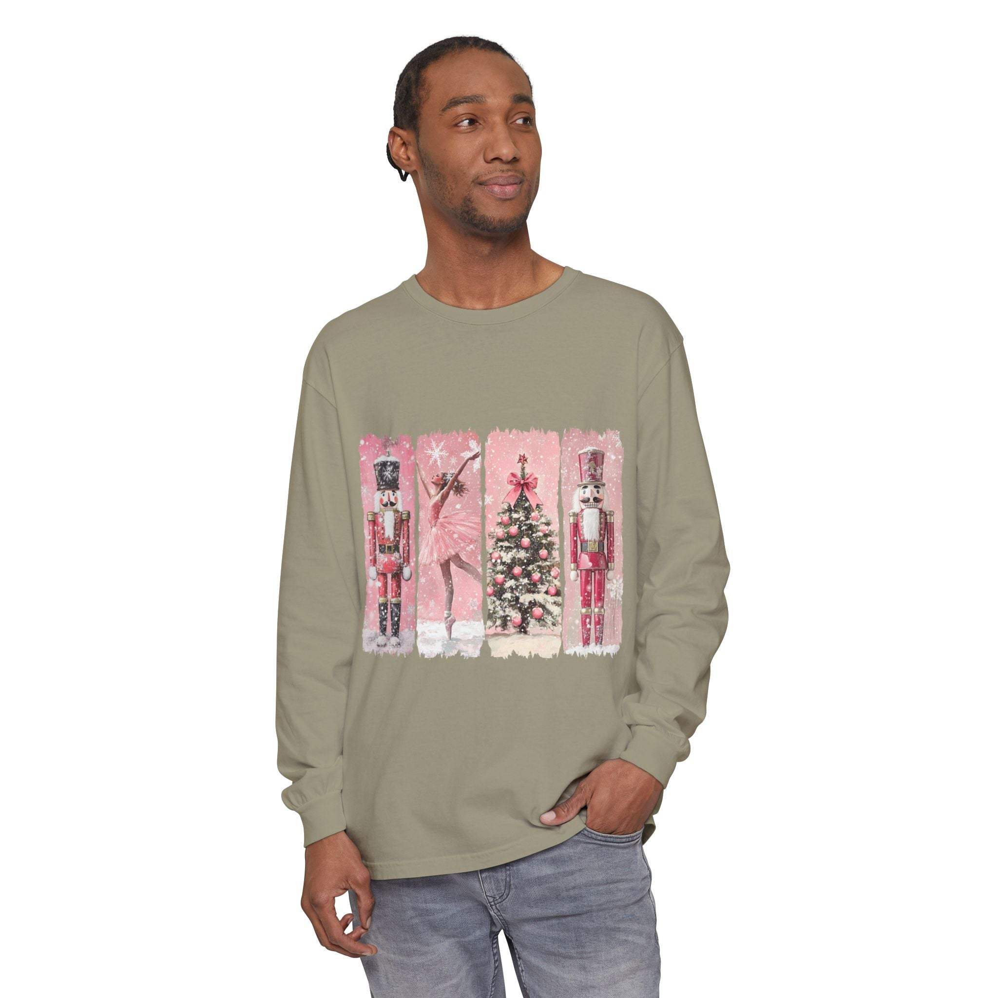 Man wearing preppy pink watercolor Nutcracker Christmas long sleeve t-shirt