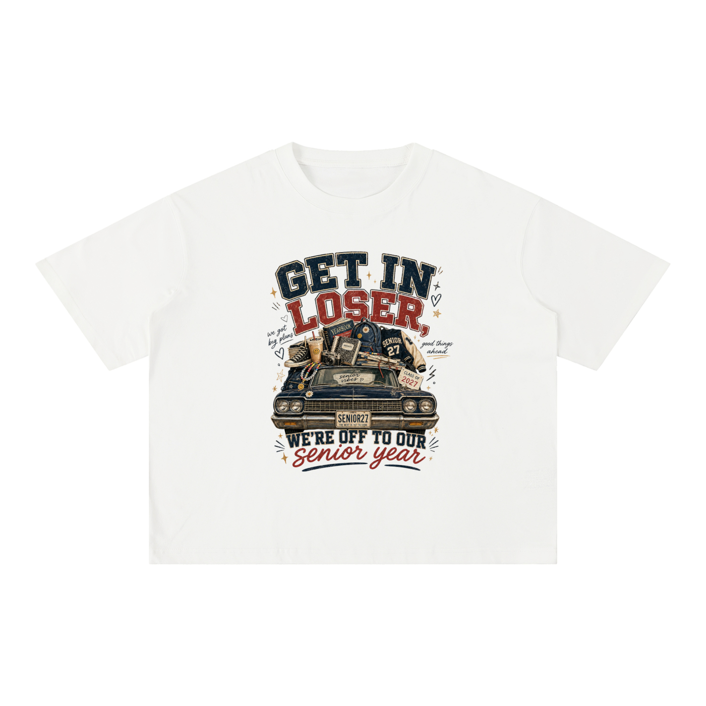 Mineral wash boxy cotton t-shirt with oversized fit and senior year 2027 graphic design