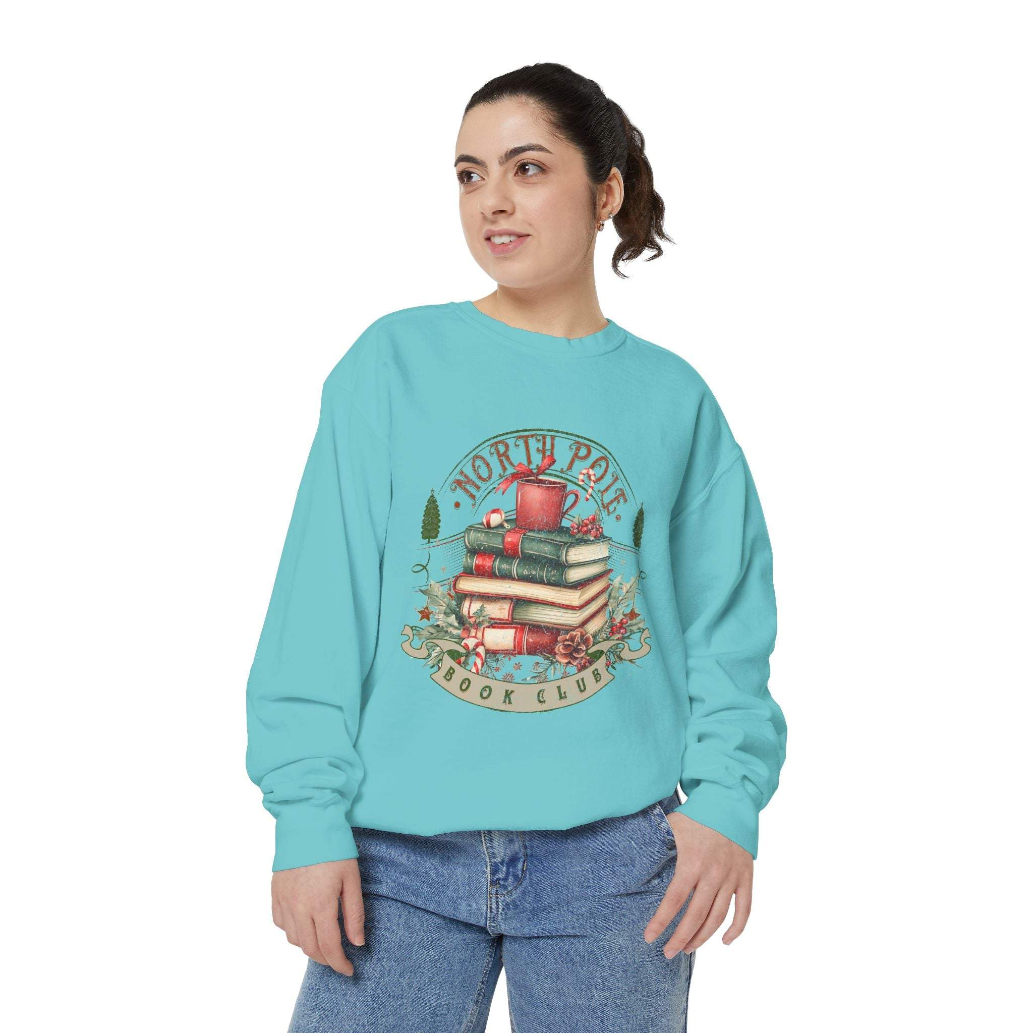 Vintage North Pole Book Club sweatshirt with cozy holiday design in soft cotton blend
