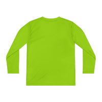 Back view of green long sleeve youth tee made of moisture-wicking fabric
