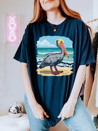 Pelican Letter Poster vintage coastal graphic t-shirt with pelican illustration and soft garment-dyed fabric