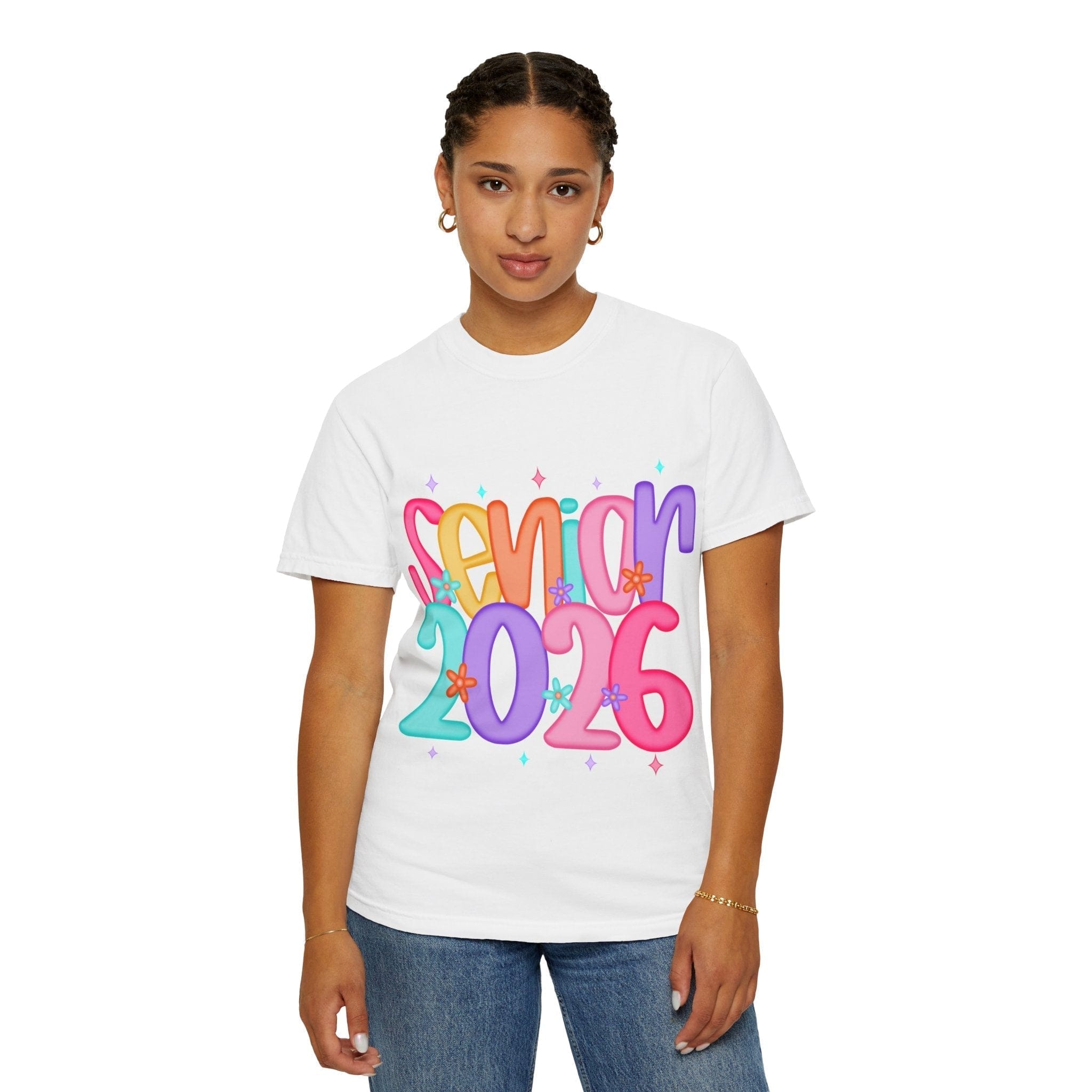 Unisex garment-dyed T-shirt with colorful Senior 2026 design, made of soft 100% ring-spun US cotton