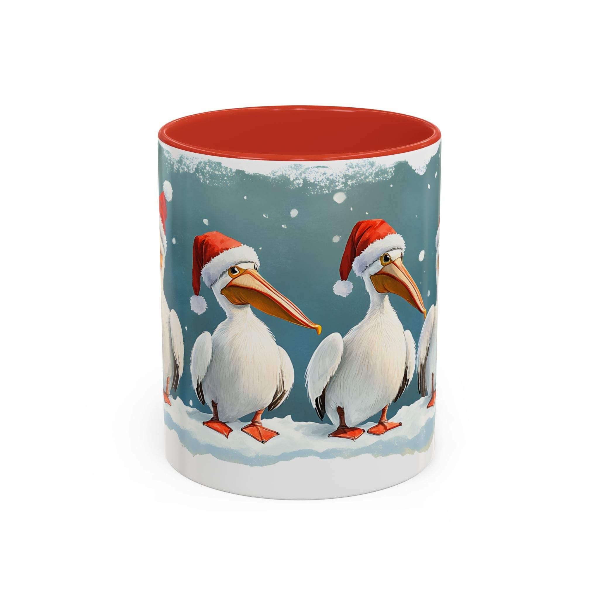 Mug with Christmas-themed design featuring pelicans wearing Santa hats on a blue background.