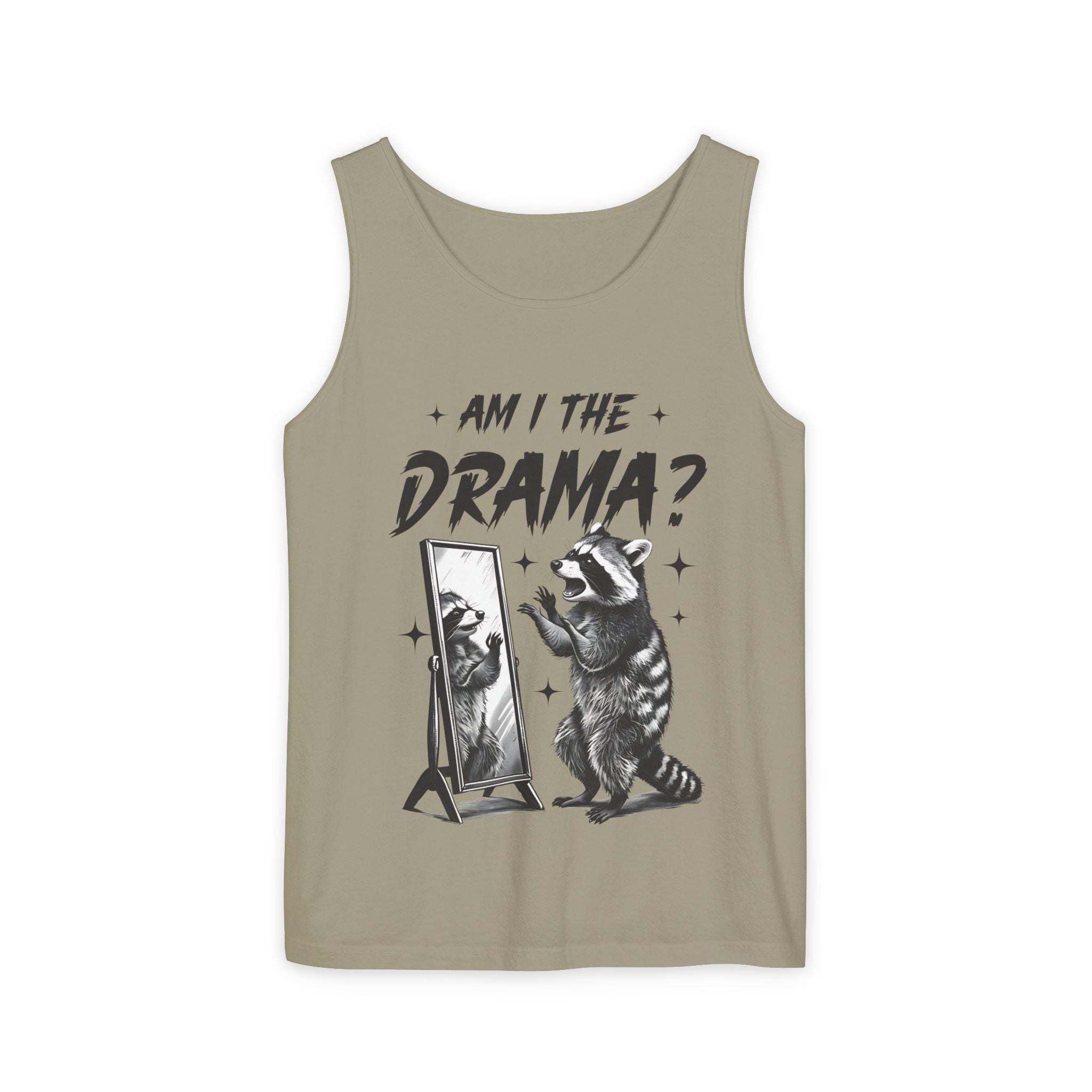 Beige tank top with "Am I The Drama?" text and raccoon looking into mirror graphic, casual and trendy design