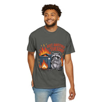 Man wearing a gray t-shirt with a raccoon graphic and 'Just Another Tuesday' text on a white background
