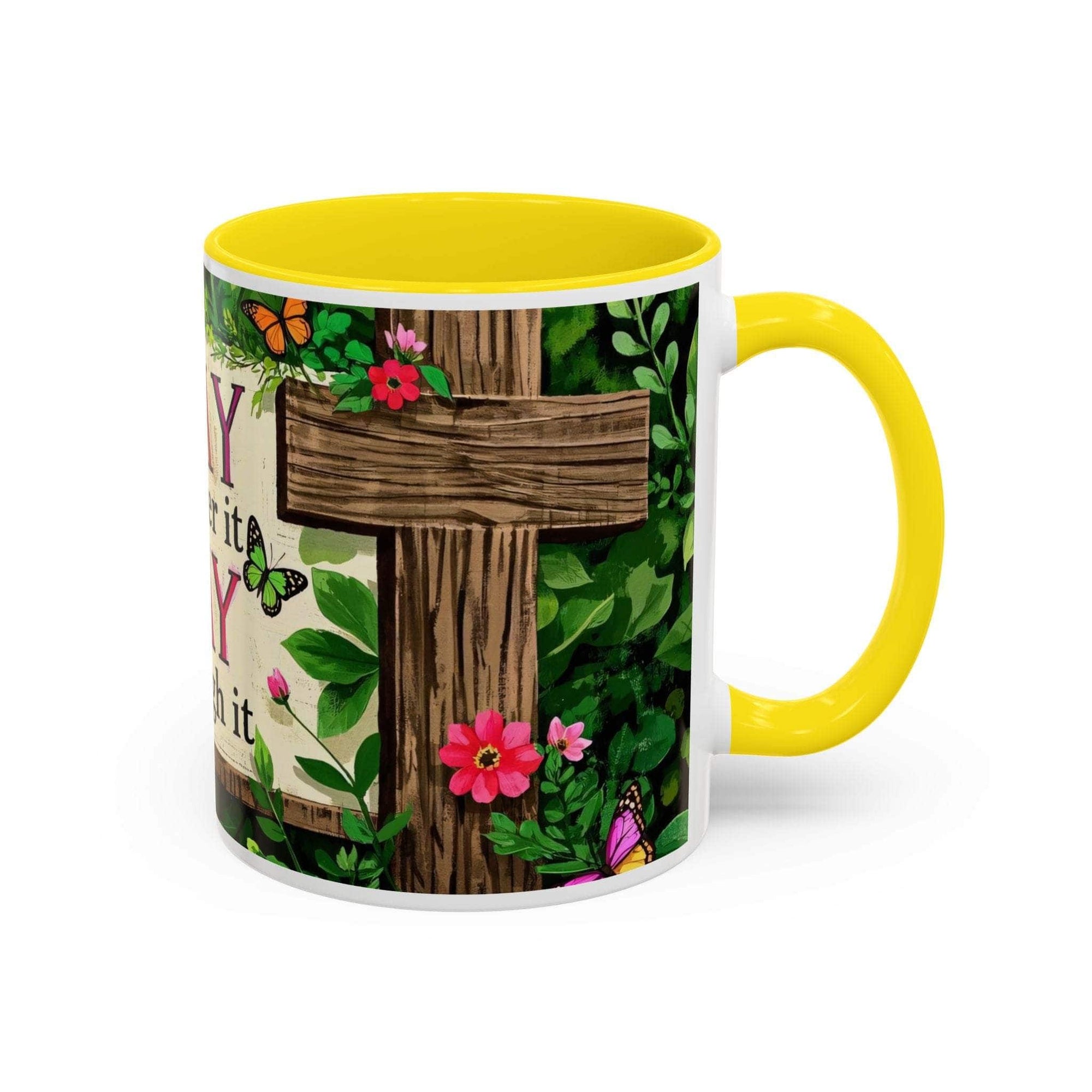 Mug with a wooden cross design, flowers, and butterflies on a white background