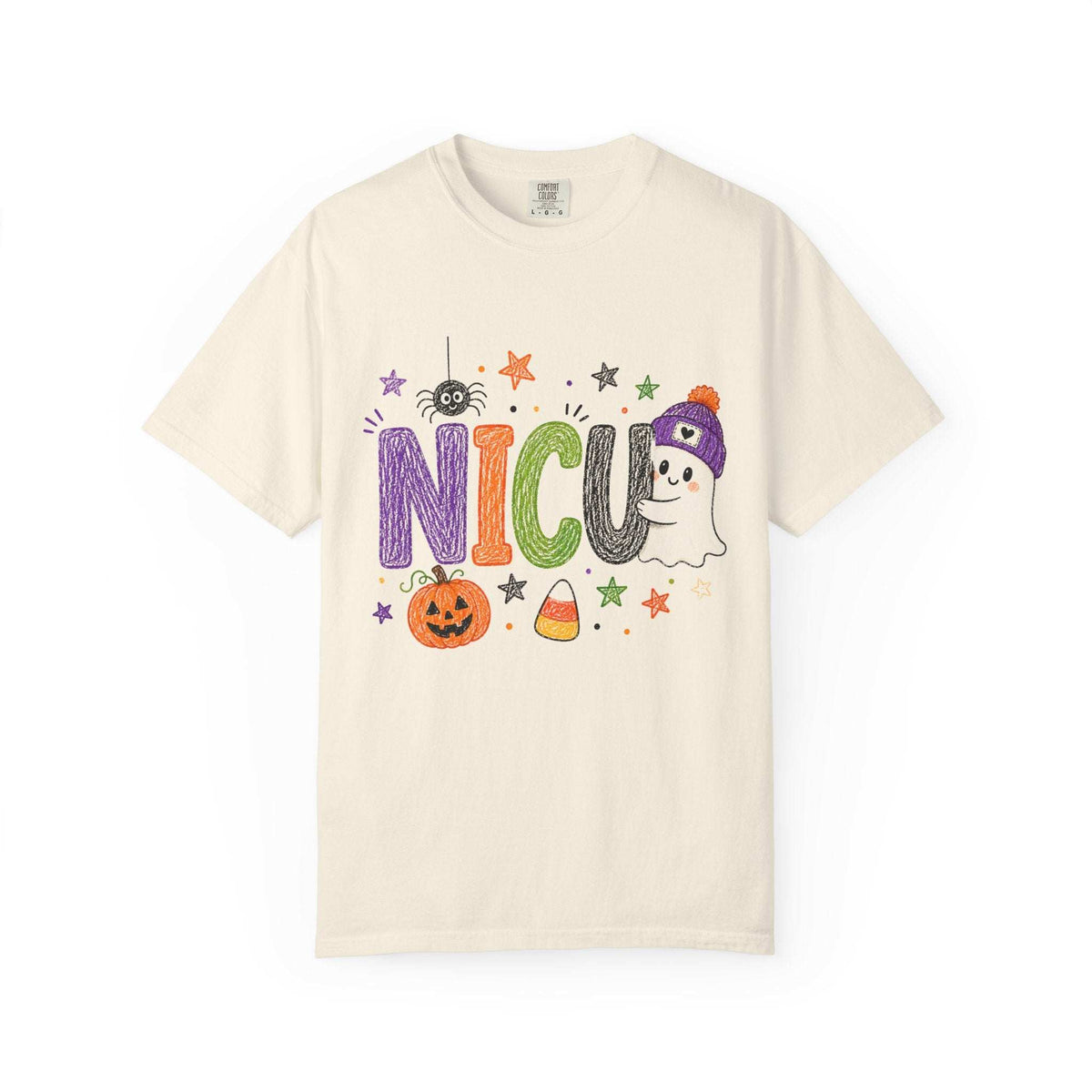 Ivory NICU nurse Halloween T-shirt with colorful crayon-style lettering, a smiling ghost in a purple beanie, pumpkin, and candy corn.