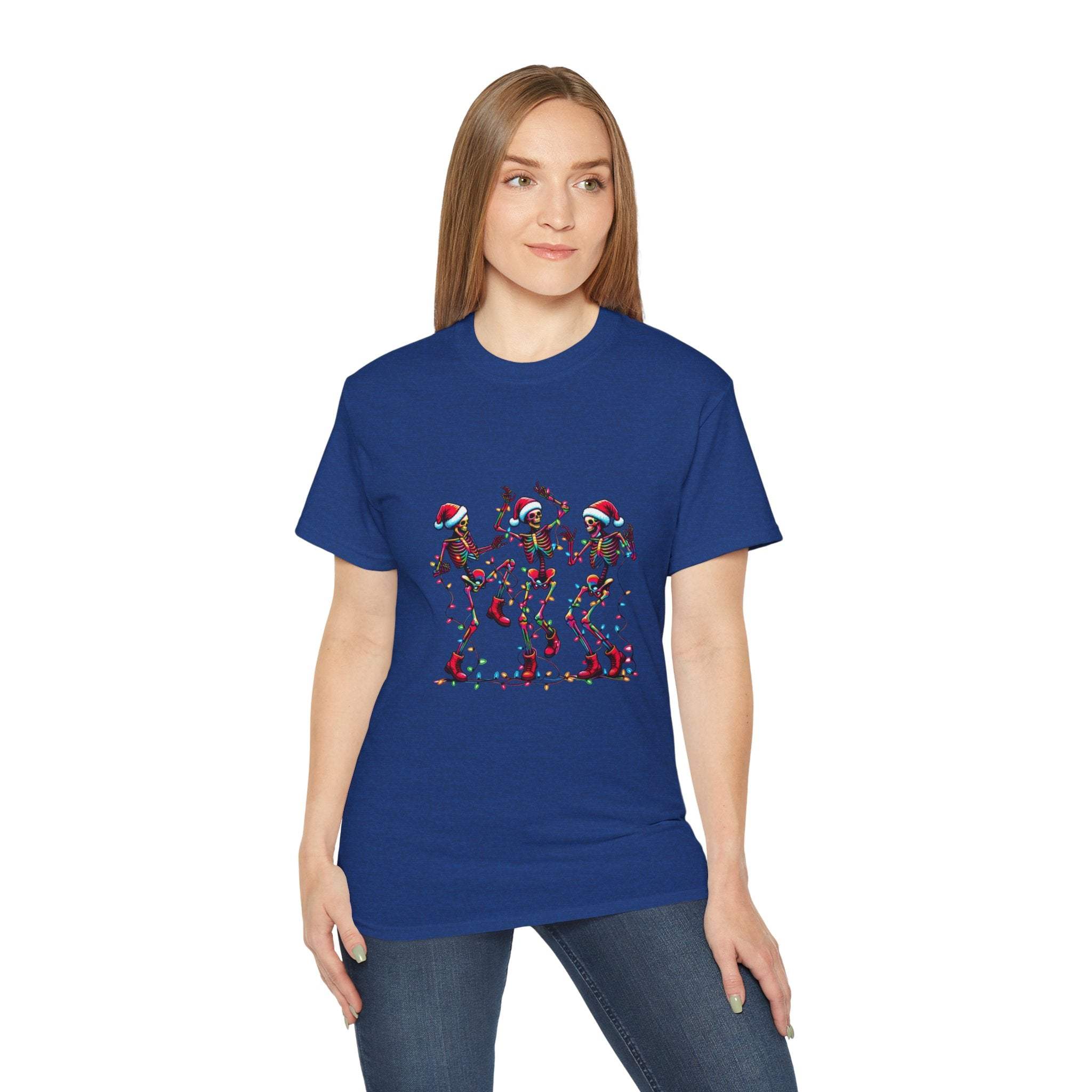 White Christmas Dancing Skeletons t-shirt by Printify, festive design perfect for holiday celebrations